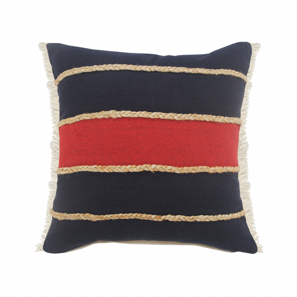 20" X 20" Navy Red And Tan 100% Cotton Striped Zippered Pillow-516724-1