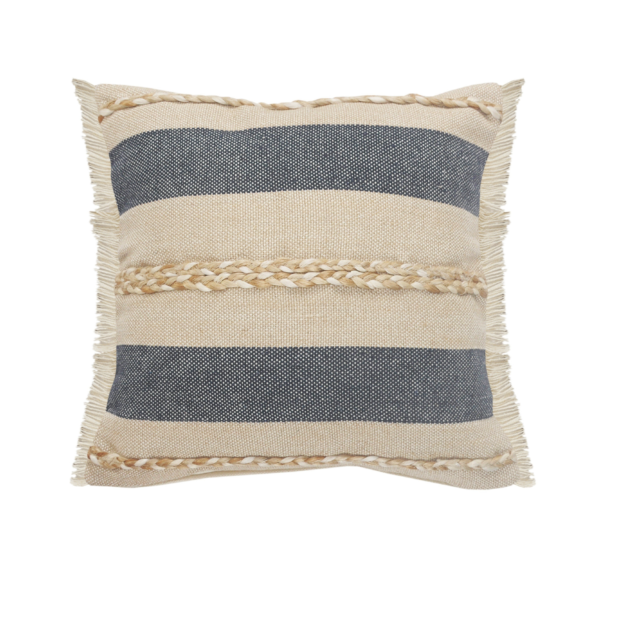 24" X 24" Denim Blue Tan And Taupe Jute Coastal Zippered Pillow-516729-1