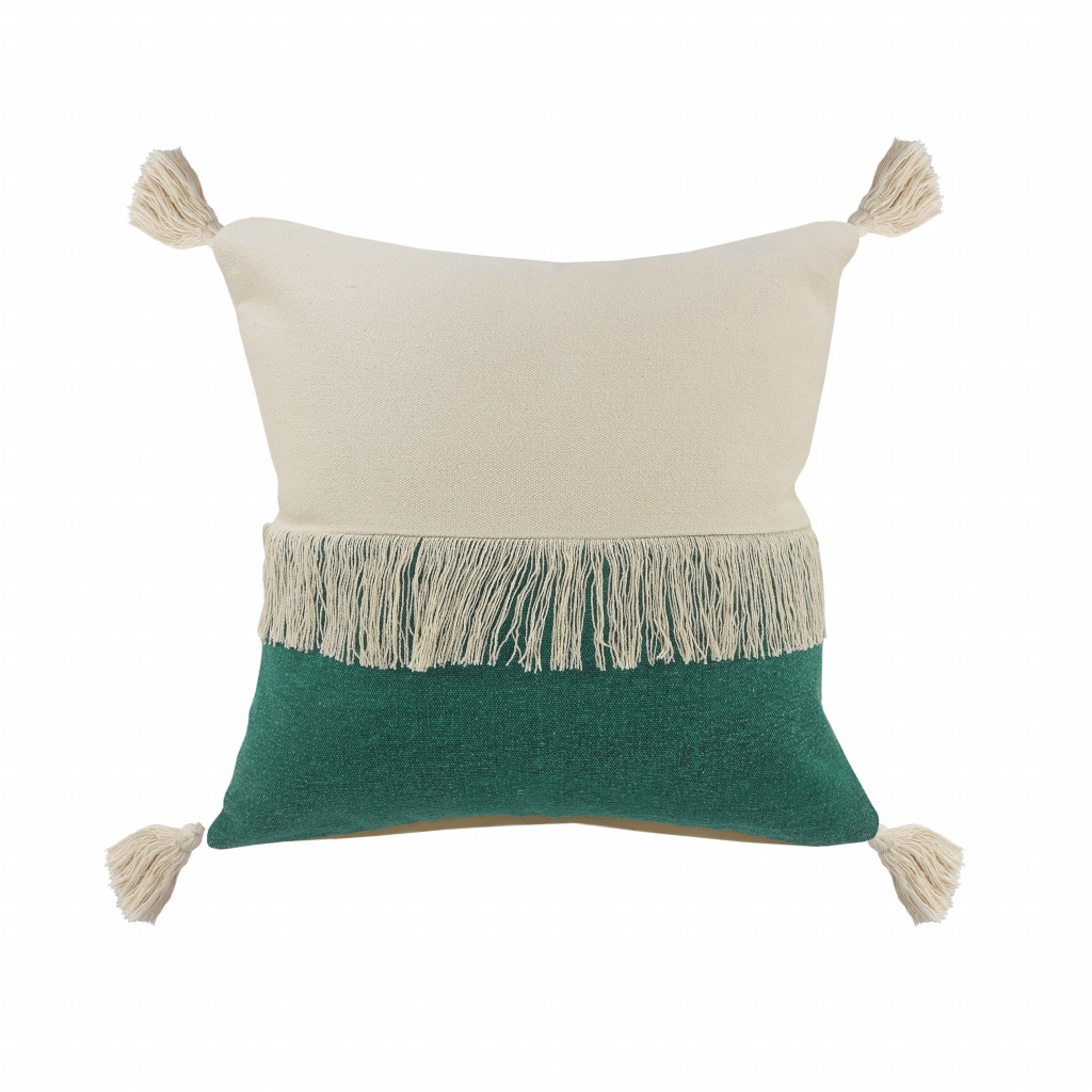 20" X 20" Emerald Green And Off-White 100% Cotton Zippered Pillow