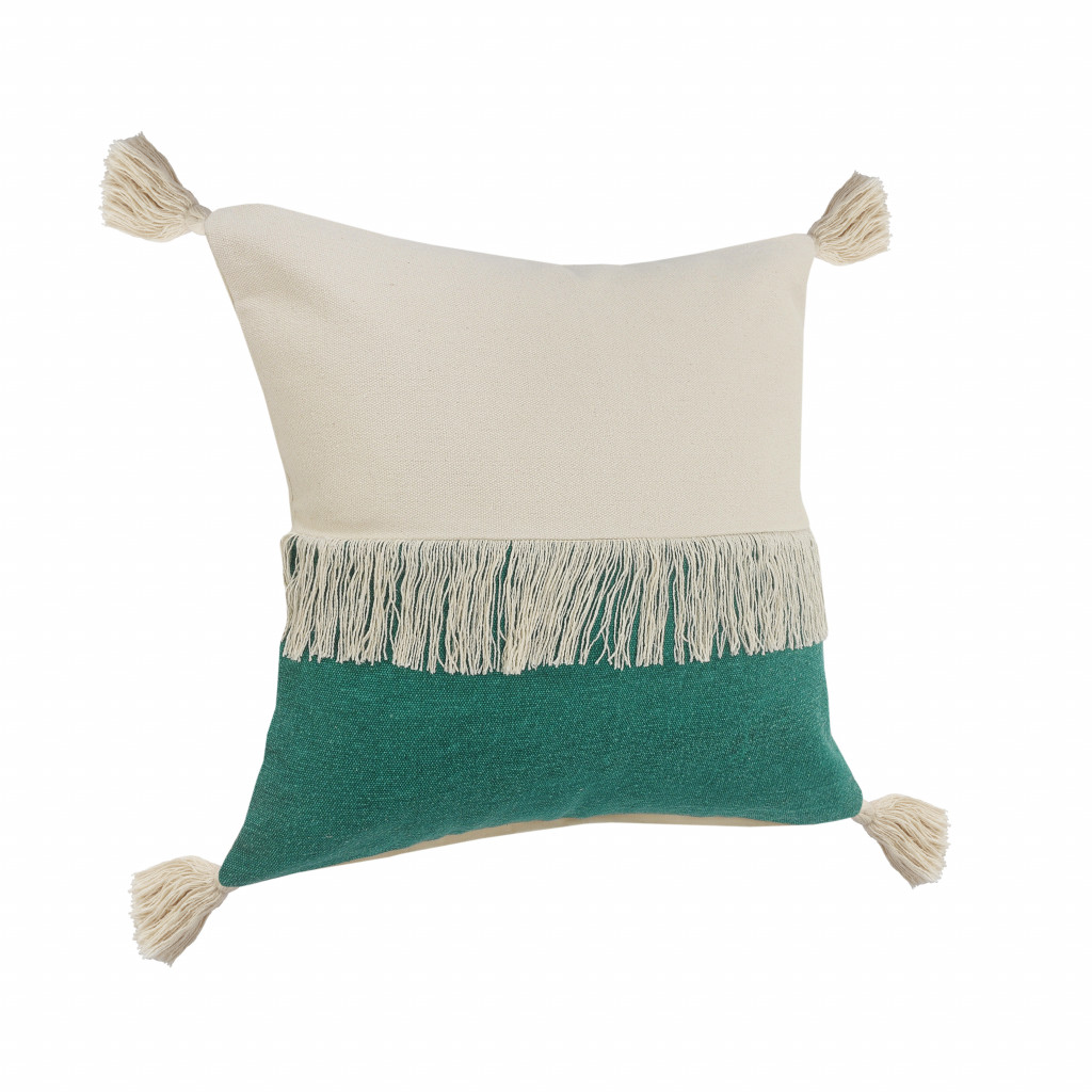 20" X 20" Emerald Green And Off-White 100% Cotton Zippered Pillow