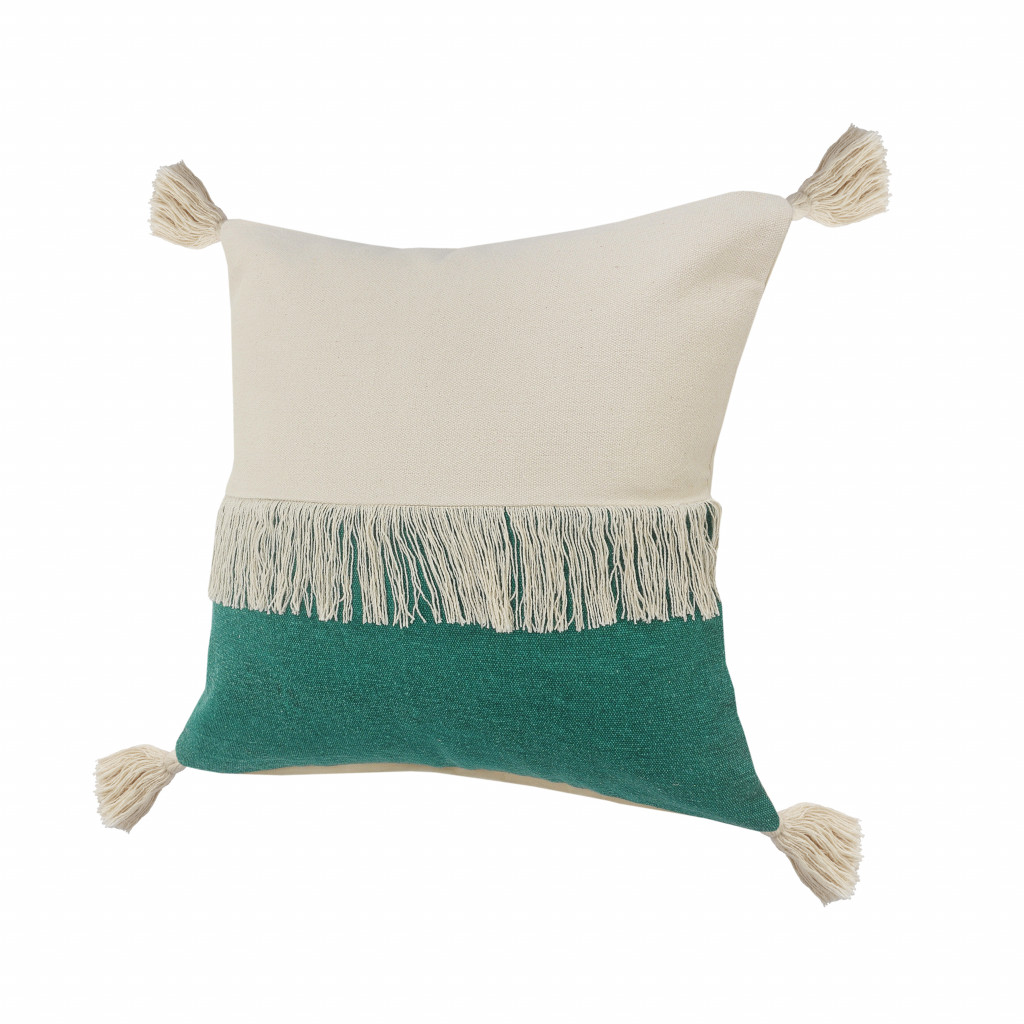 20" X 20" Emerald Green And Off-White 100% Cotton Zippered Pillow