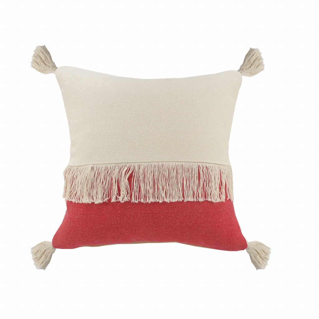 20" x 20" Red and Off White 100% Cotton Pillow With Tassels