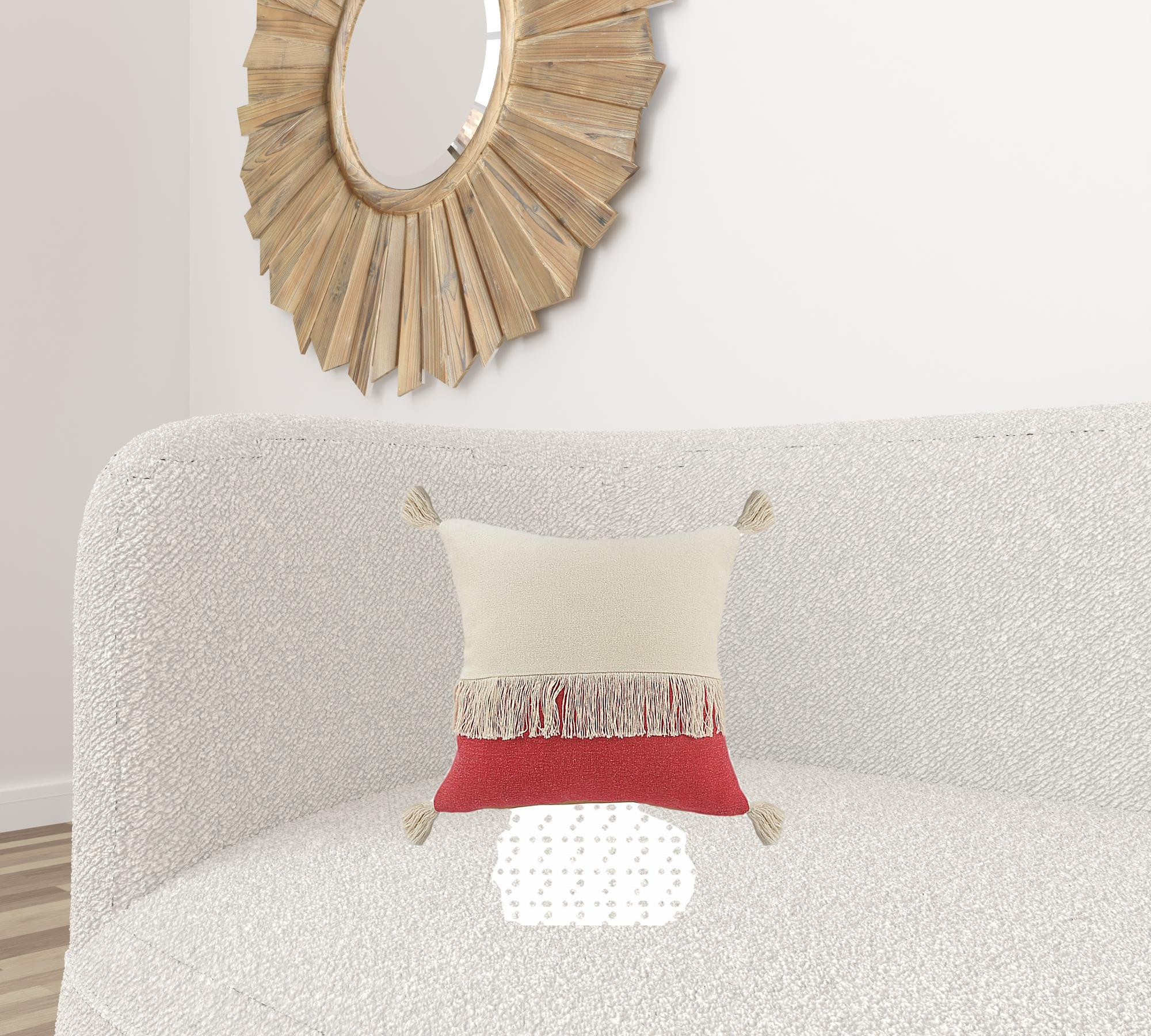 20" x 20" Red and Off White 100% Cotton Pillow With Tassels