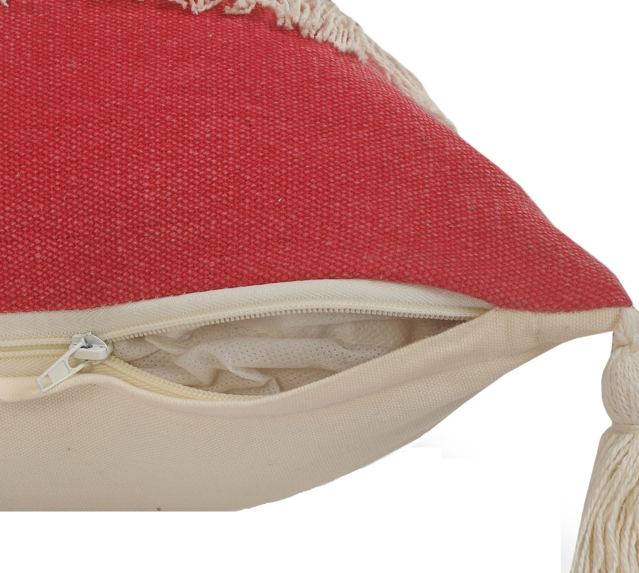 20" x 20" Red and Off White 100% Cotton Pillow With Tassels