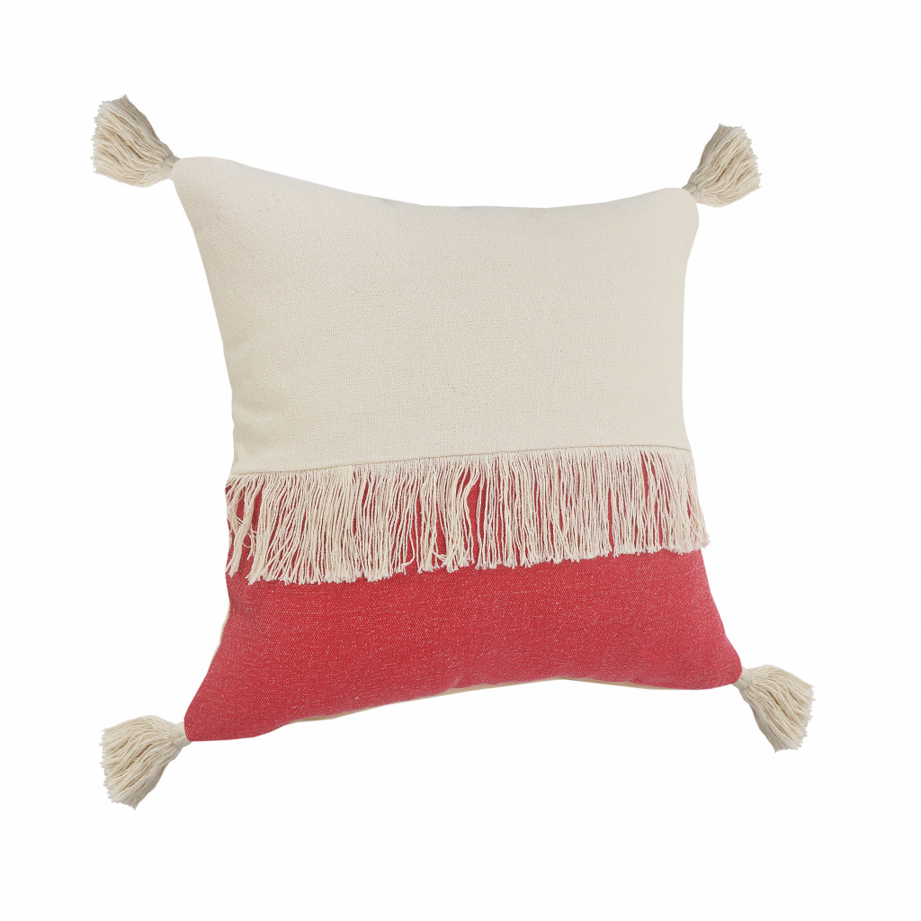 20" x 20" Red and Off White 100% Cotton Pillow With Tassels