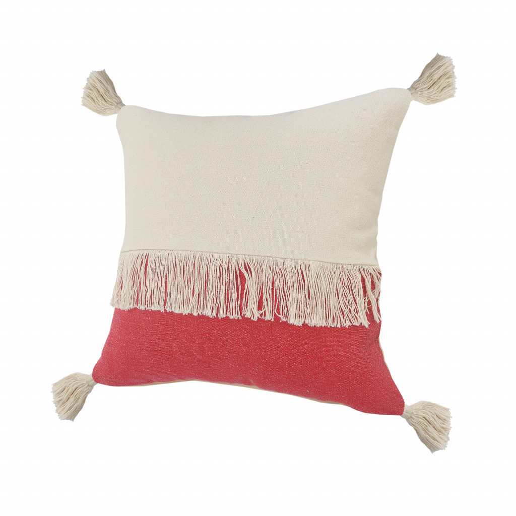 20" x 20" Red and Off White 100% Cotton Pillow With Tassels