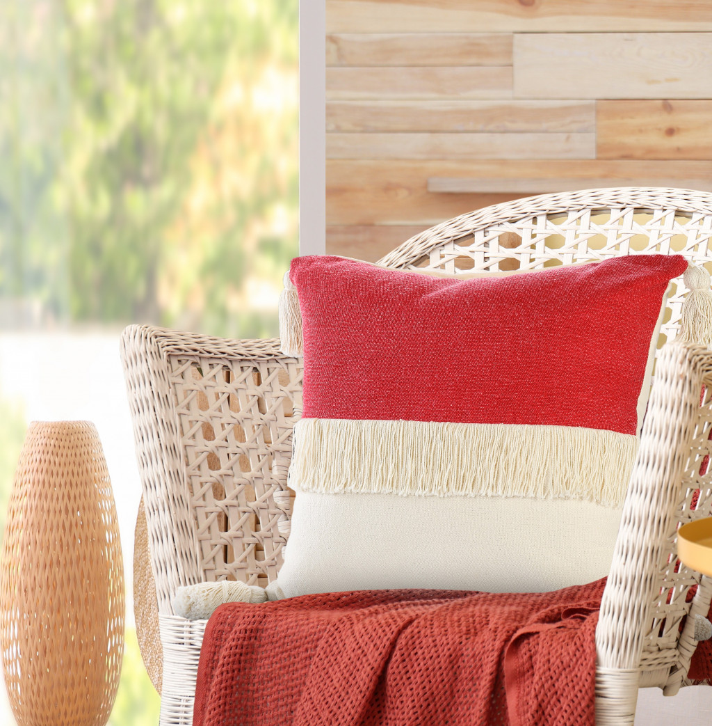 20" x 20" Red and Off White 100% Cotton Pillow With Tassels