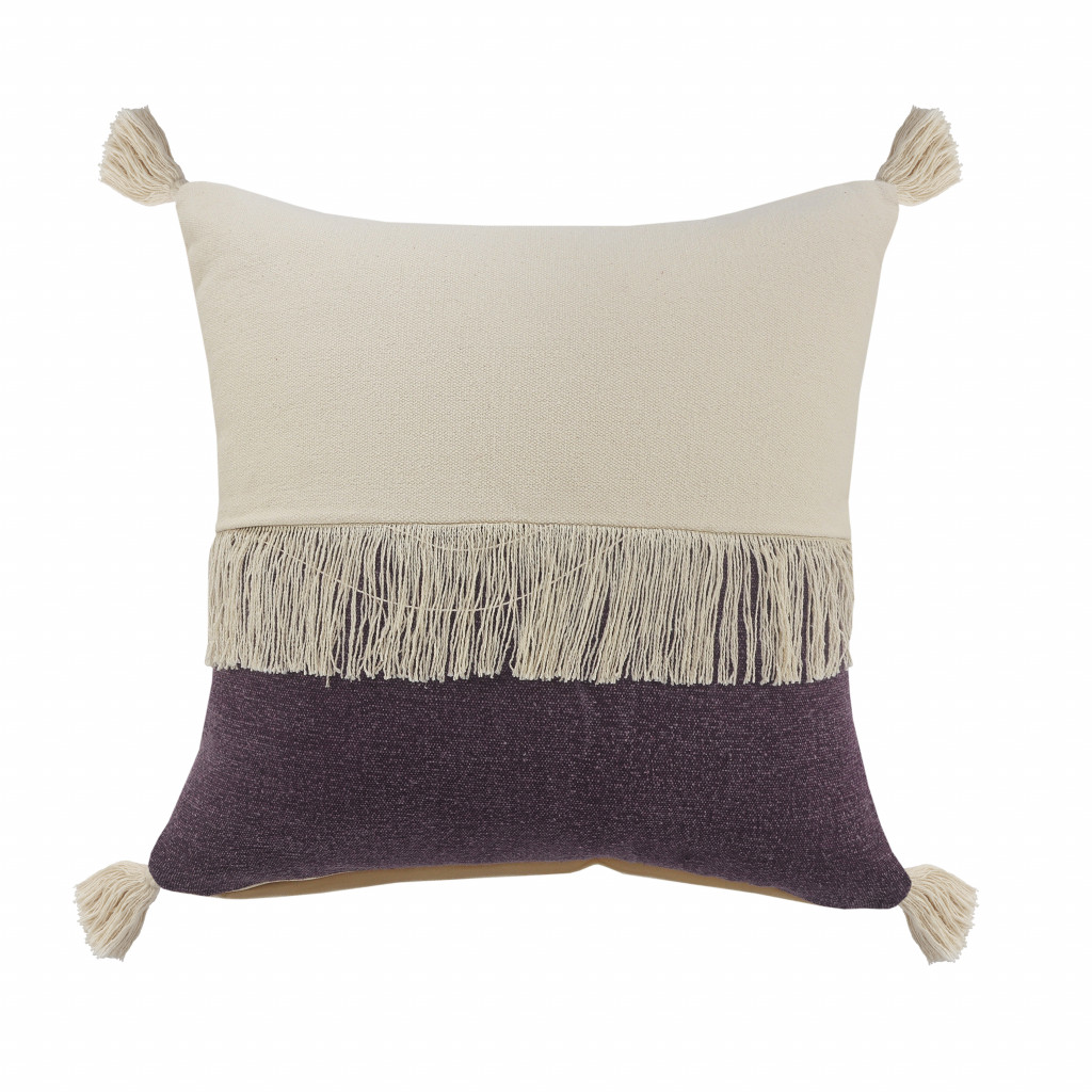 20" X 20" Purple And Off-White 100% Cotton Zippered Pillow