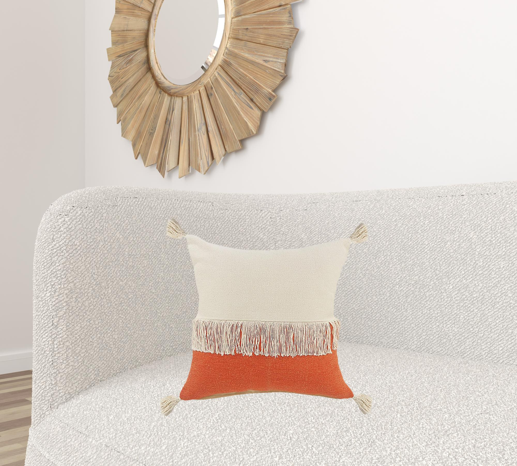 20" X 20" Orange And Off-White 100% Cotton Zippered Pillow