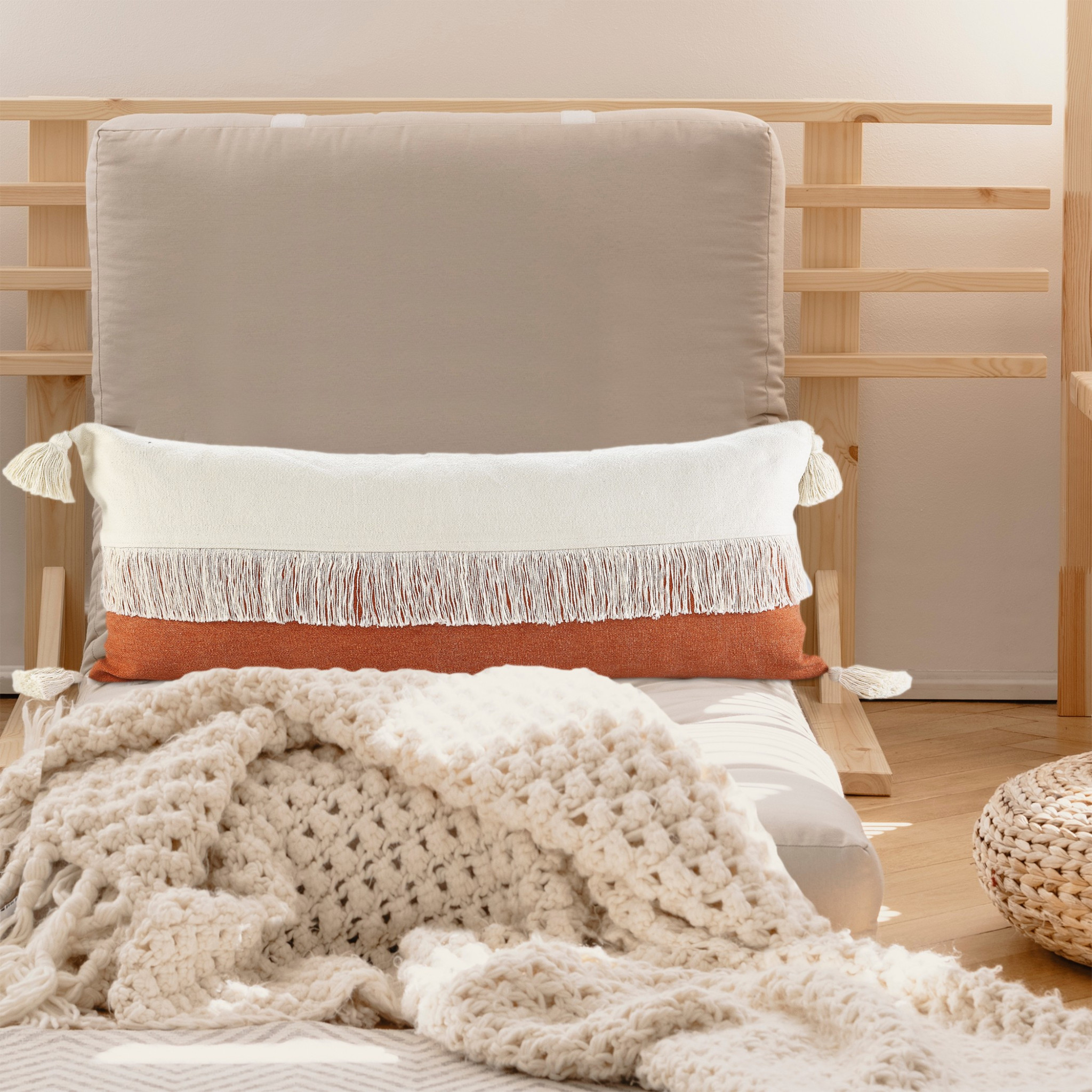 20" X 20" Orange And Off-White 100% Cotton Zippered Pillow