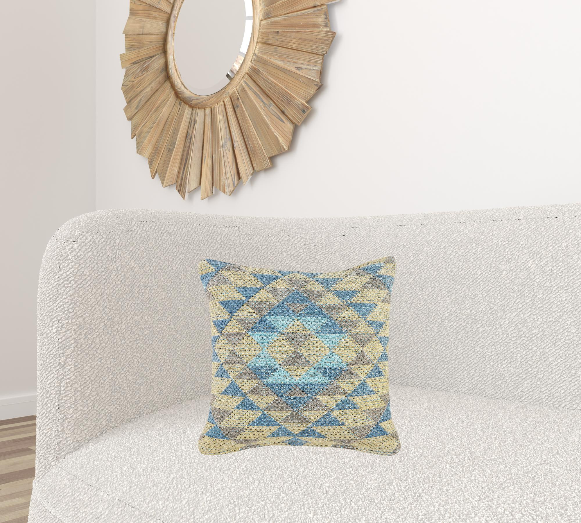 18" X 18" Blue Gray And Beige 100% Cotton Geometric Zippered Pillow