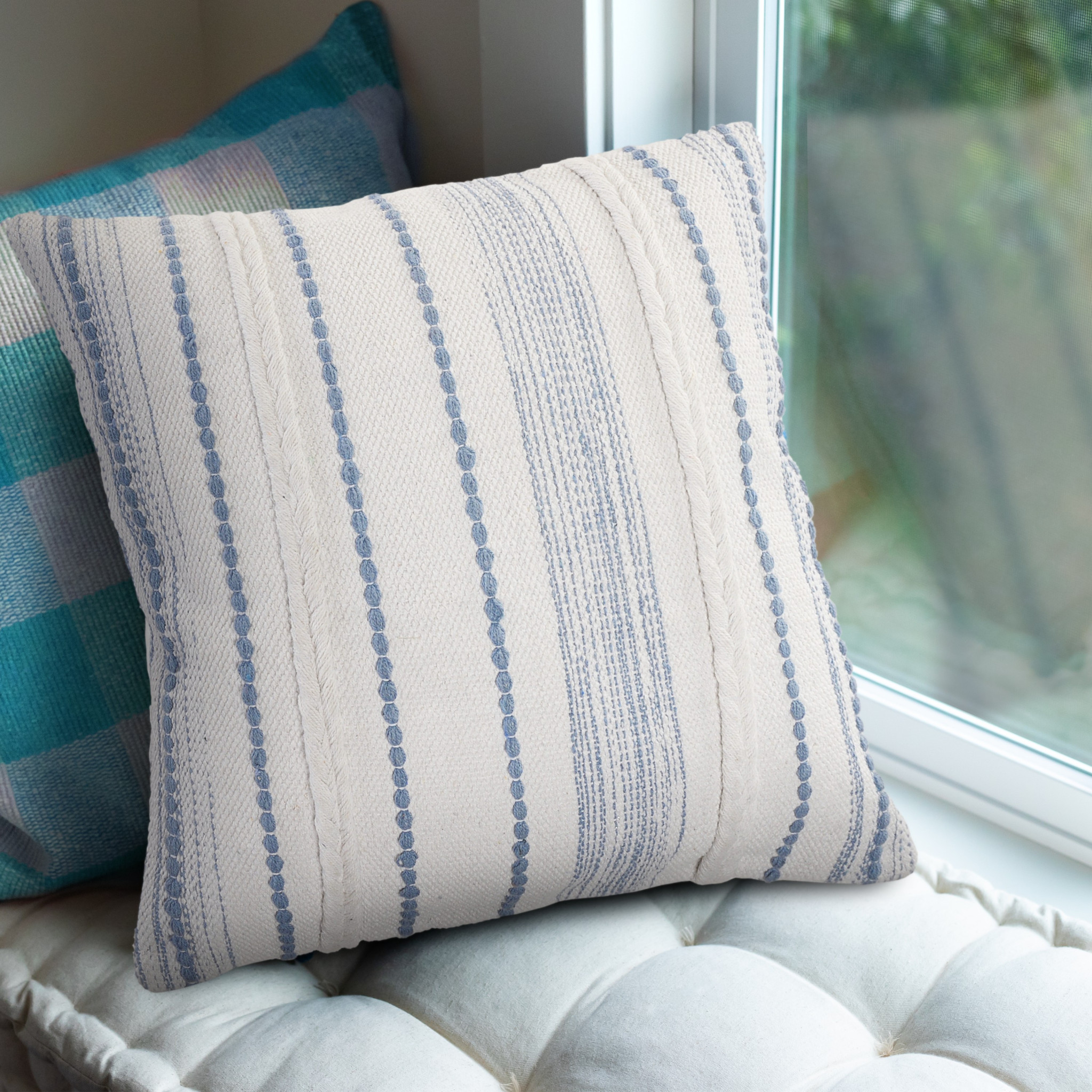 20" X 20" White And Blue 100% Cotton Geometric Zippered Pillow