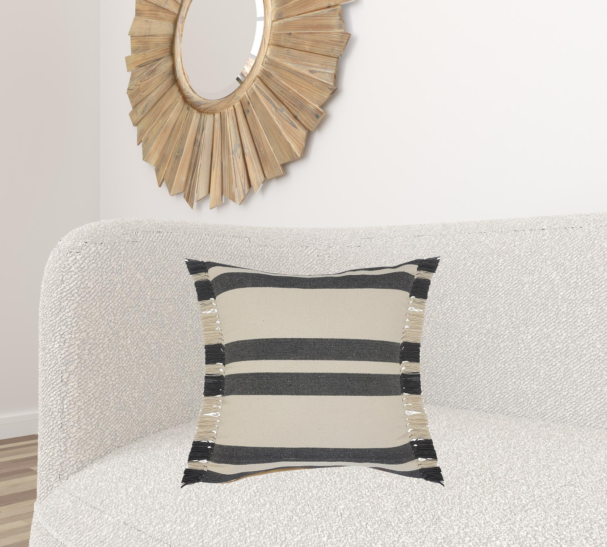 20" X 20" Gray And White 100% Cotton Striped Zippered Pillow