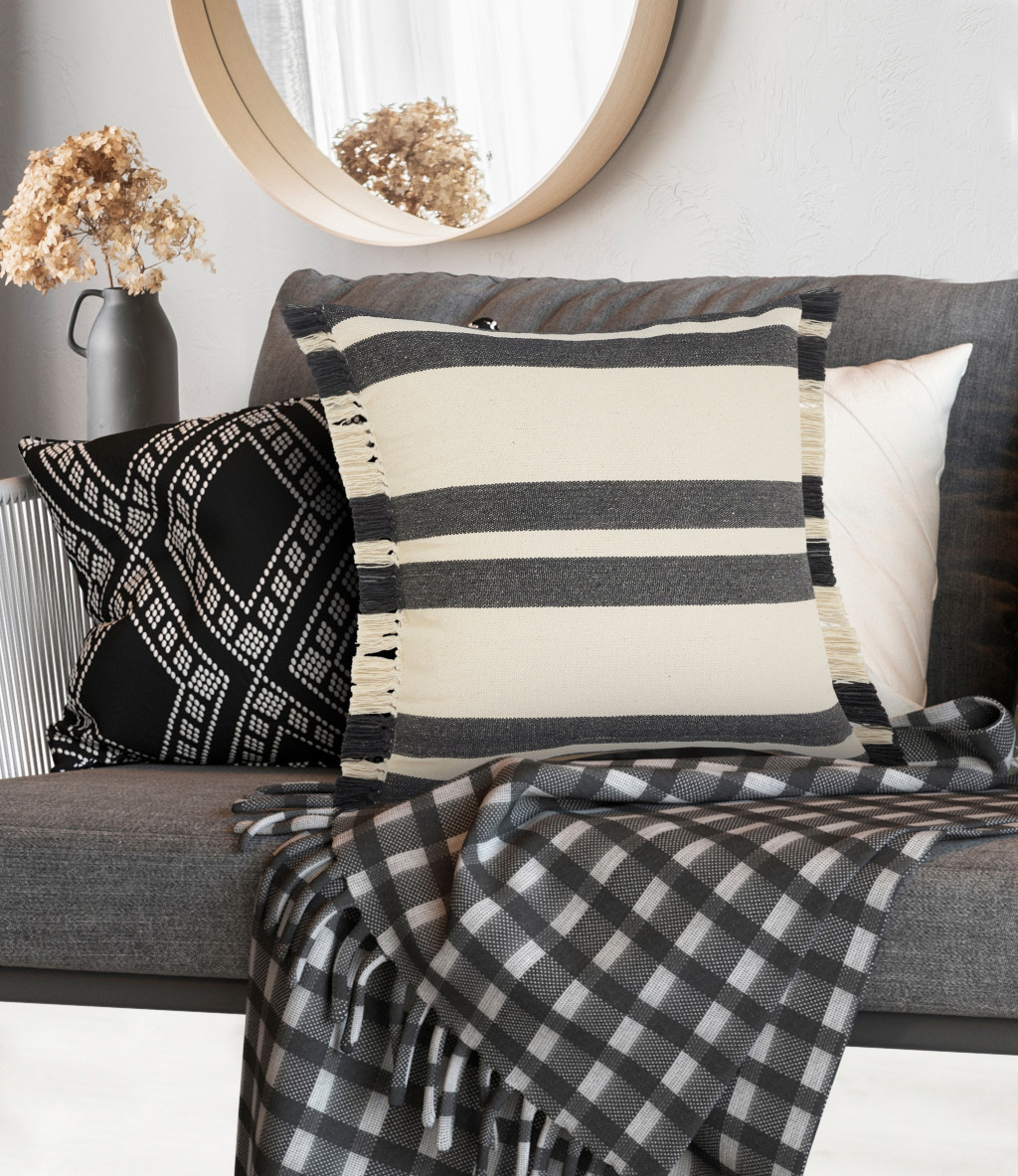 20" X 20" Gray And White 100% Cotton Striped Zippered Pillow