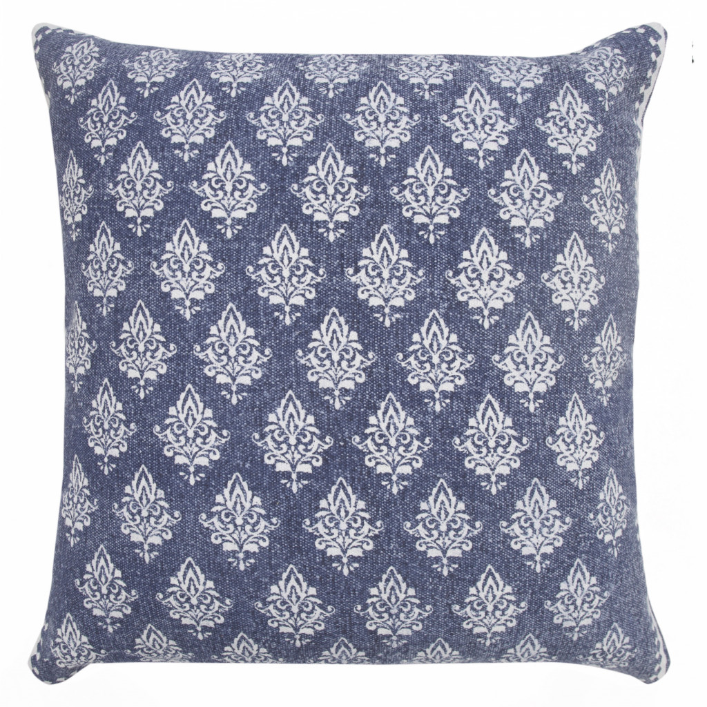 20" X 20" Vintage Indigo Blue And White 100% Cotton Geometric Zippered Pillow-516842-1