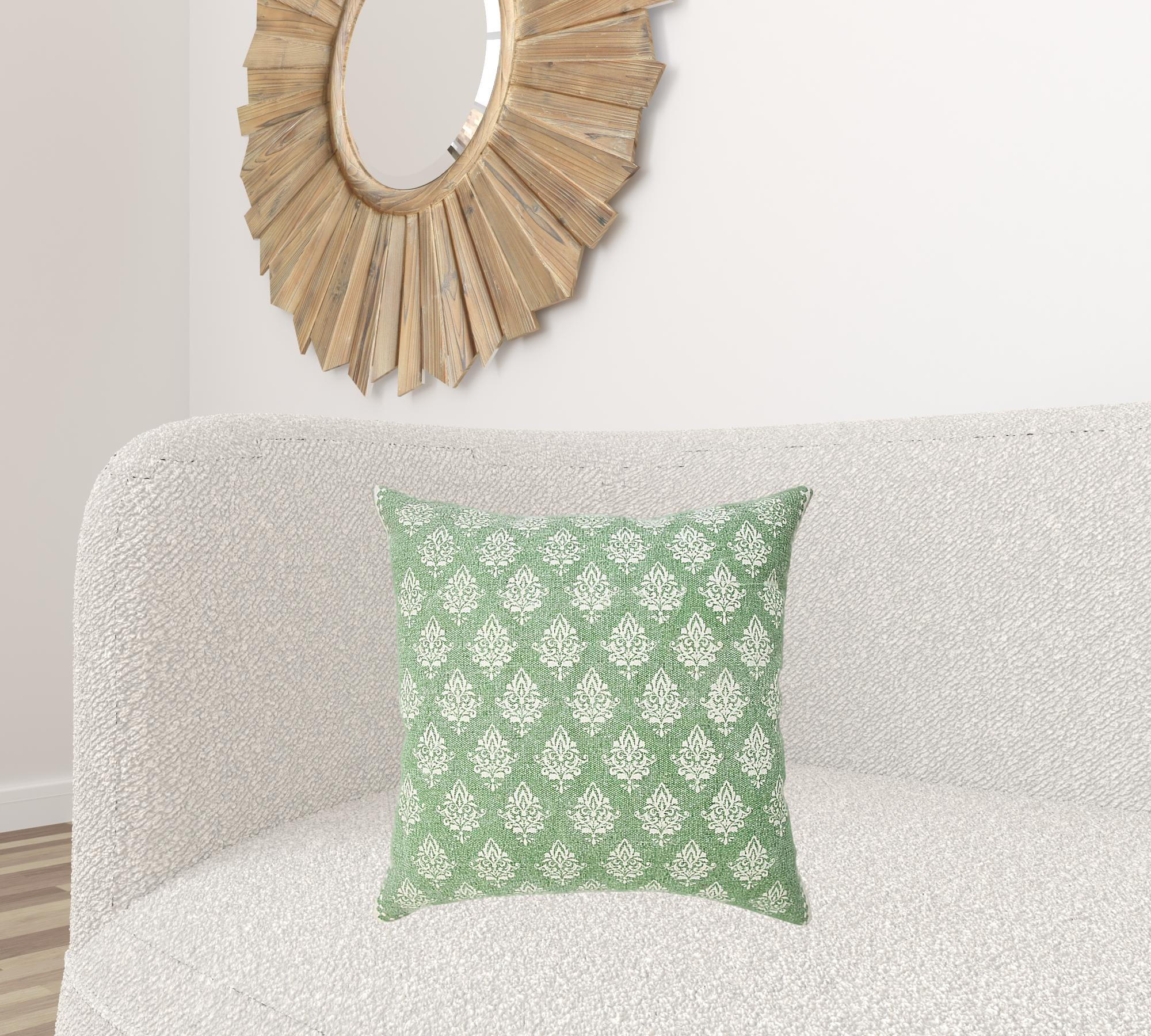 20" X 20" Green And White 100% Cotton Geometric Zippered Pillow