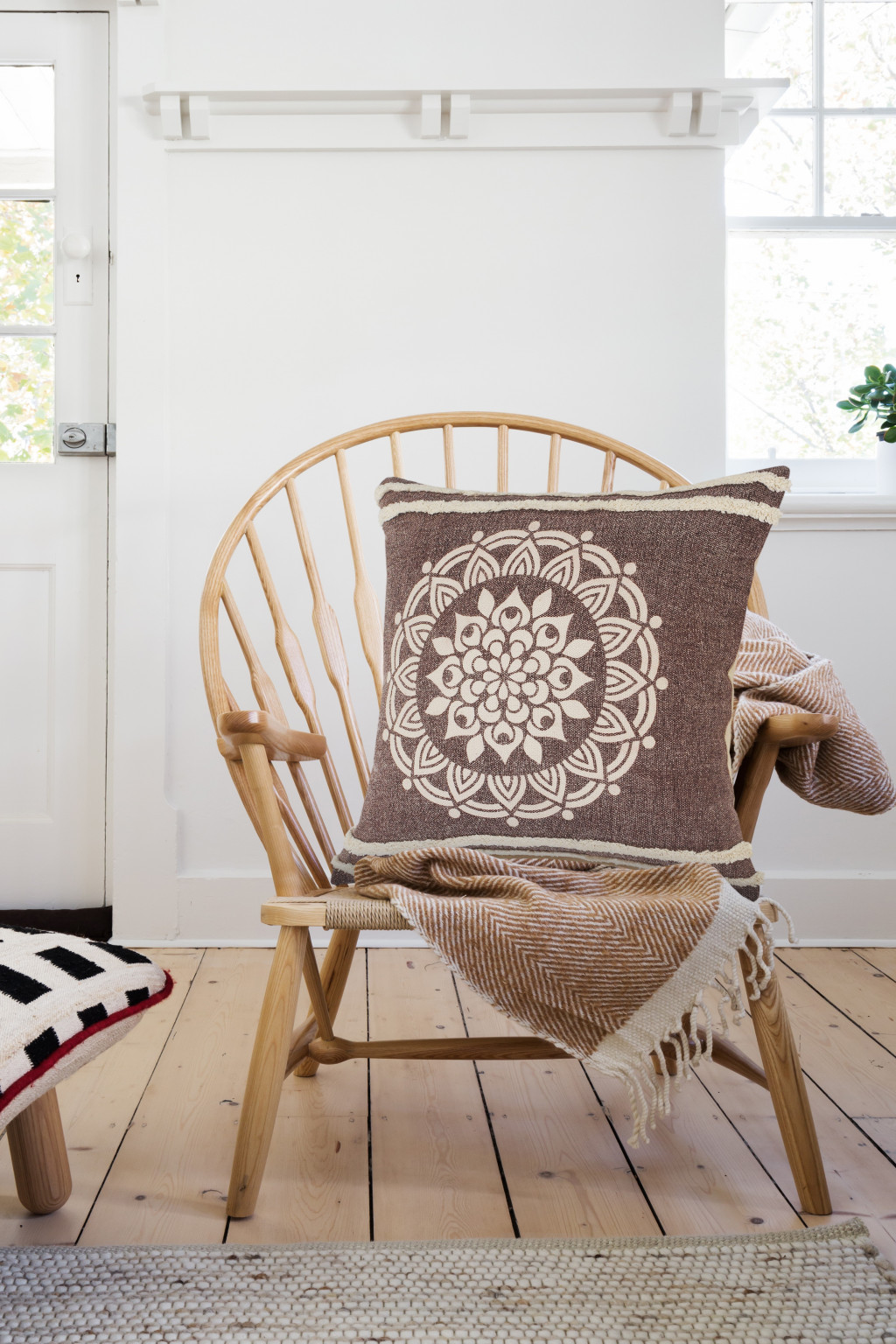20" X 20" Brown And White 100% Cotton Striped Zippered Pillow