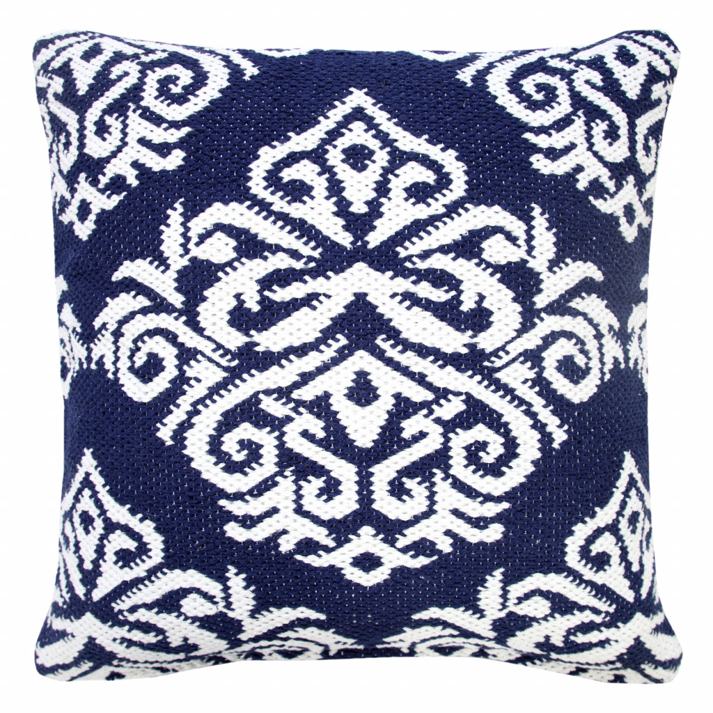 20" X 20" Blue And White 100% Cotton Damask Zippered Pillow-516944-1