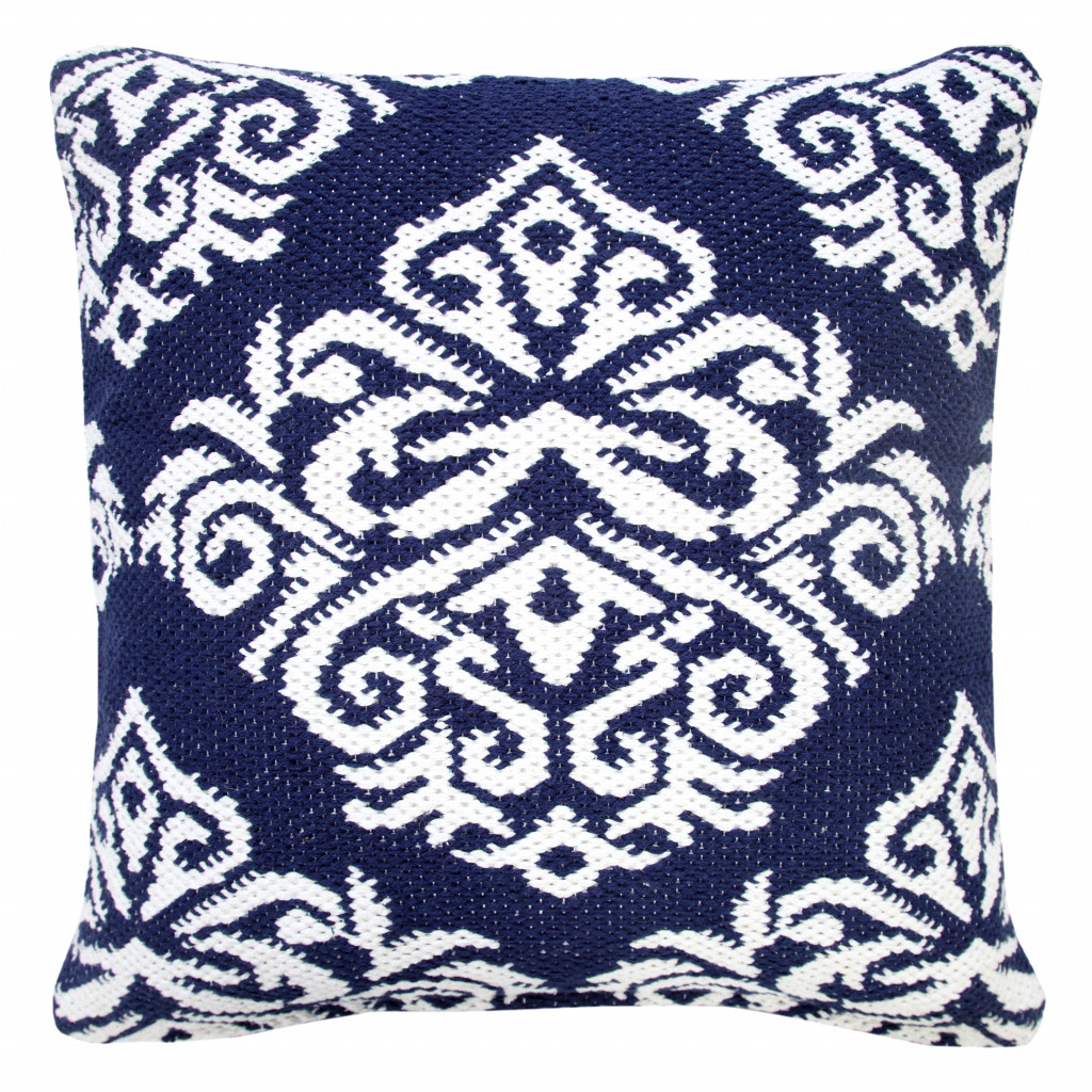 20" X 20" Blue And White 100% Cotton Damask Zippered Pillow