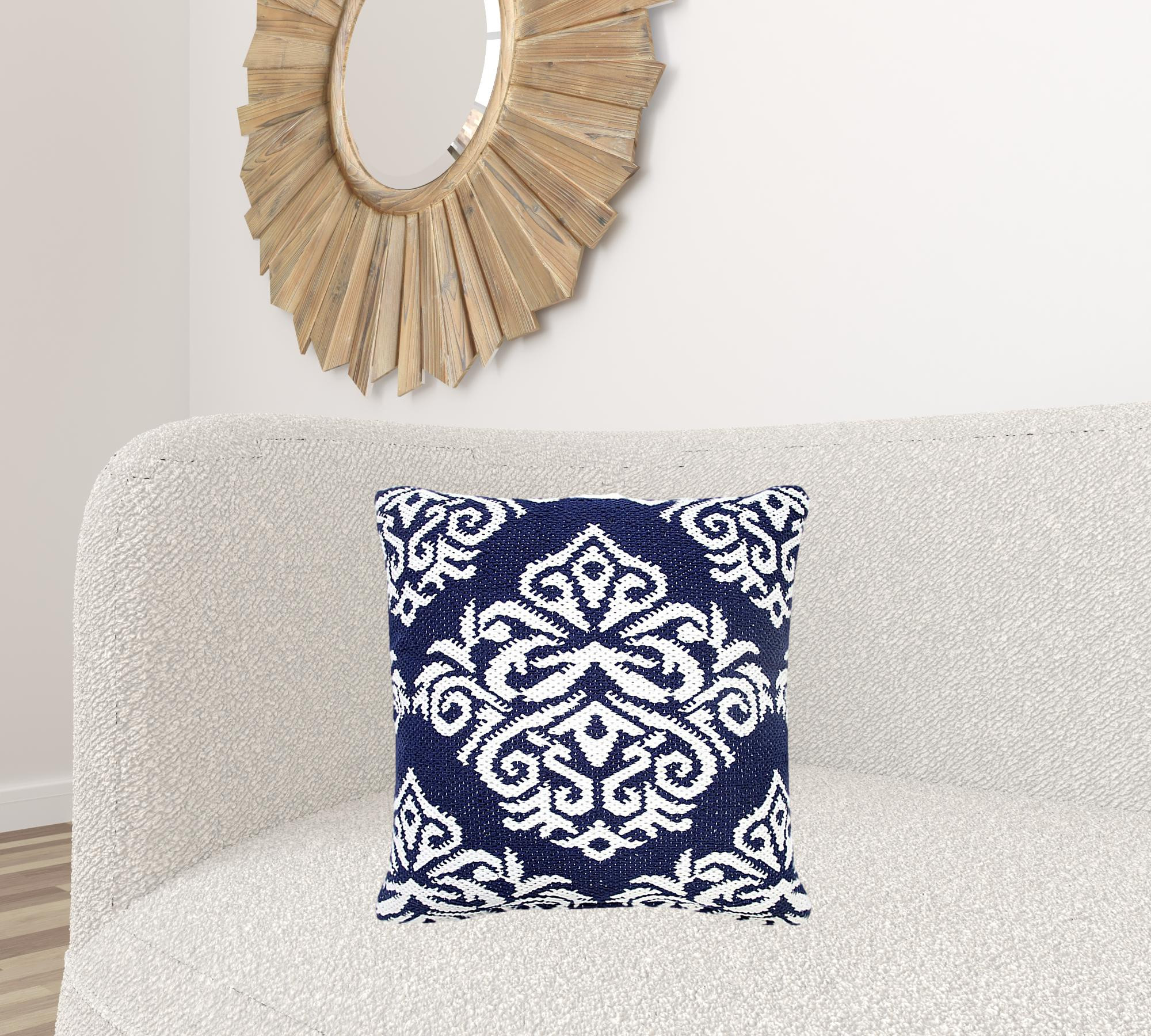 20" X 20" Blue And White 100% Cotton Damask Zippered Pillow