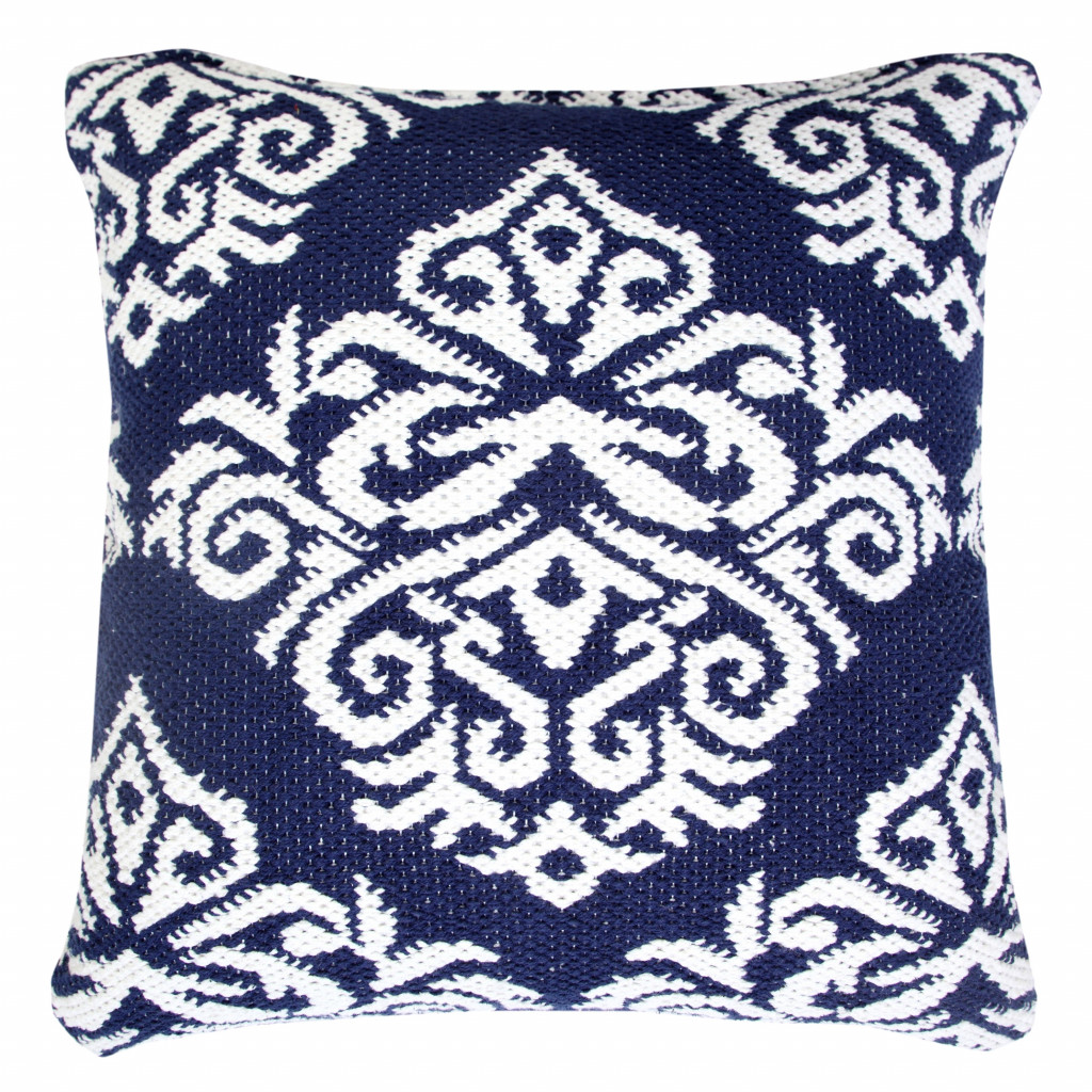 20" X 20" Blue And White 100% Cotton Damask Zippered Pillow