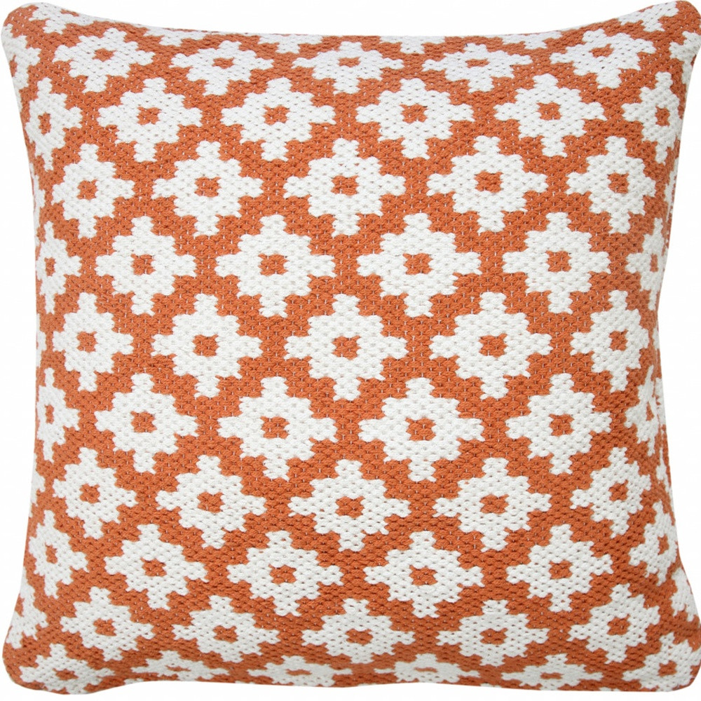20" X 20" Orange And White 100% Cotton Geometric Zippered Pillow