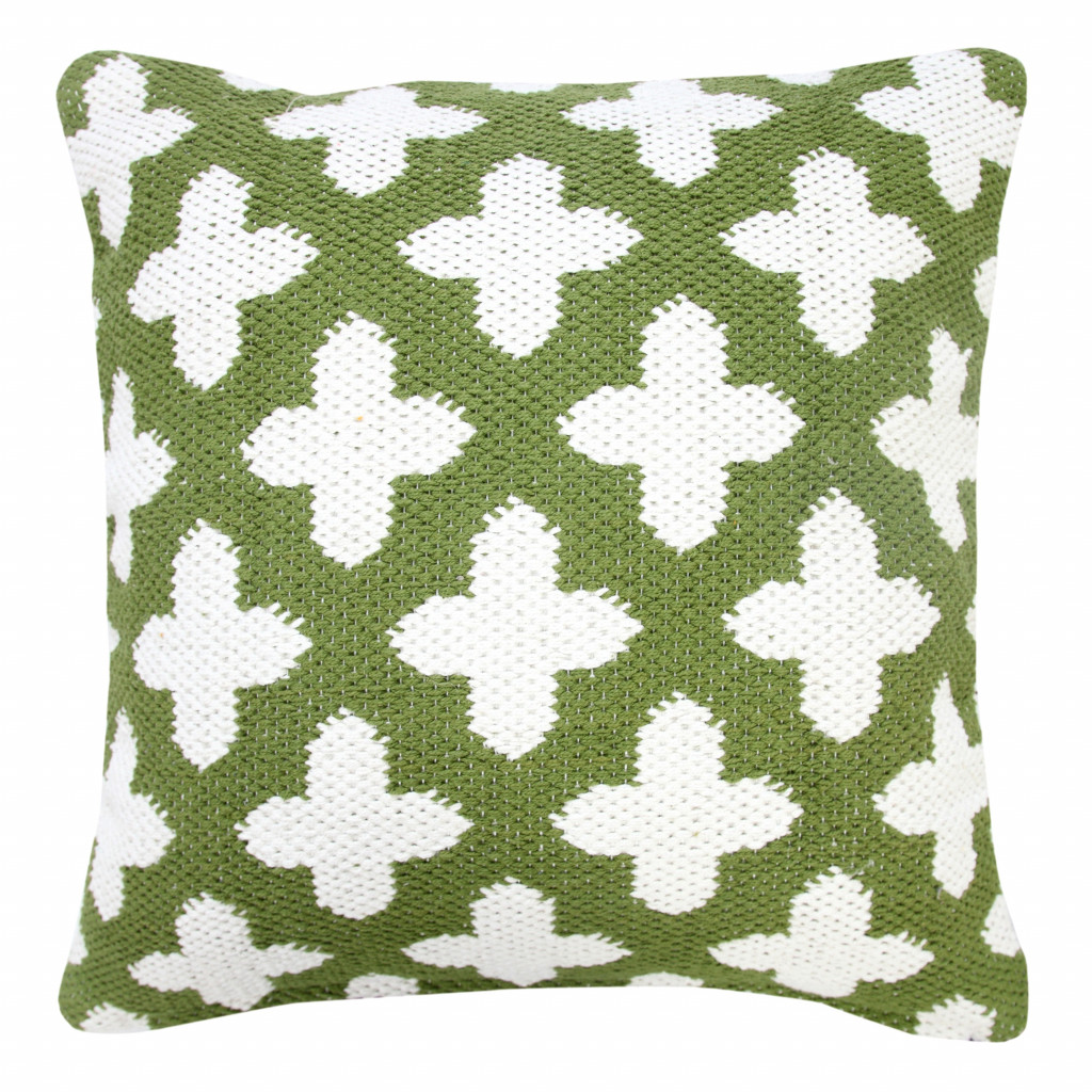 20" X 20" Green And White 100% Cotton Geometric Zippered Pillow-516949-1