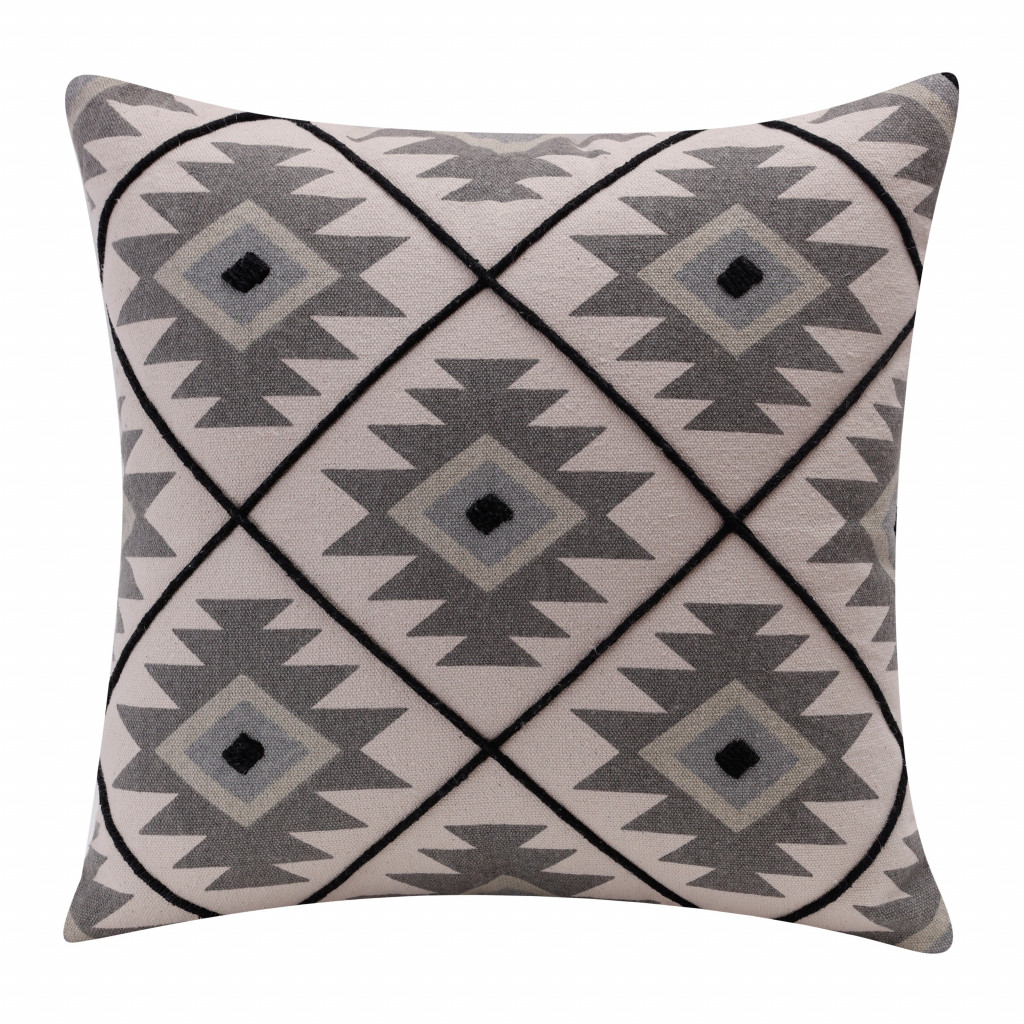 20" X 20" Gray And Black 100% Cotton Geometric Zippered Pillow-516999-1