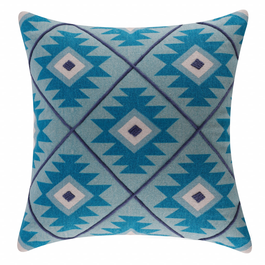 20" X 20" Blue And White 100% Cotton Geometric Zippered Pillow-517000-1