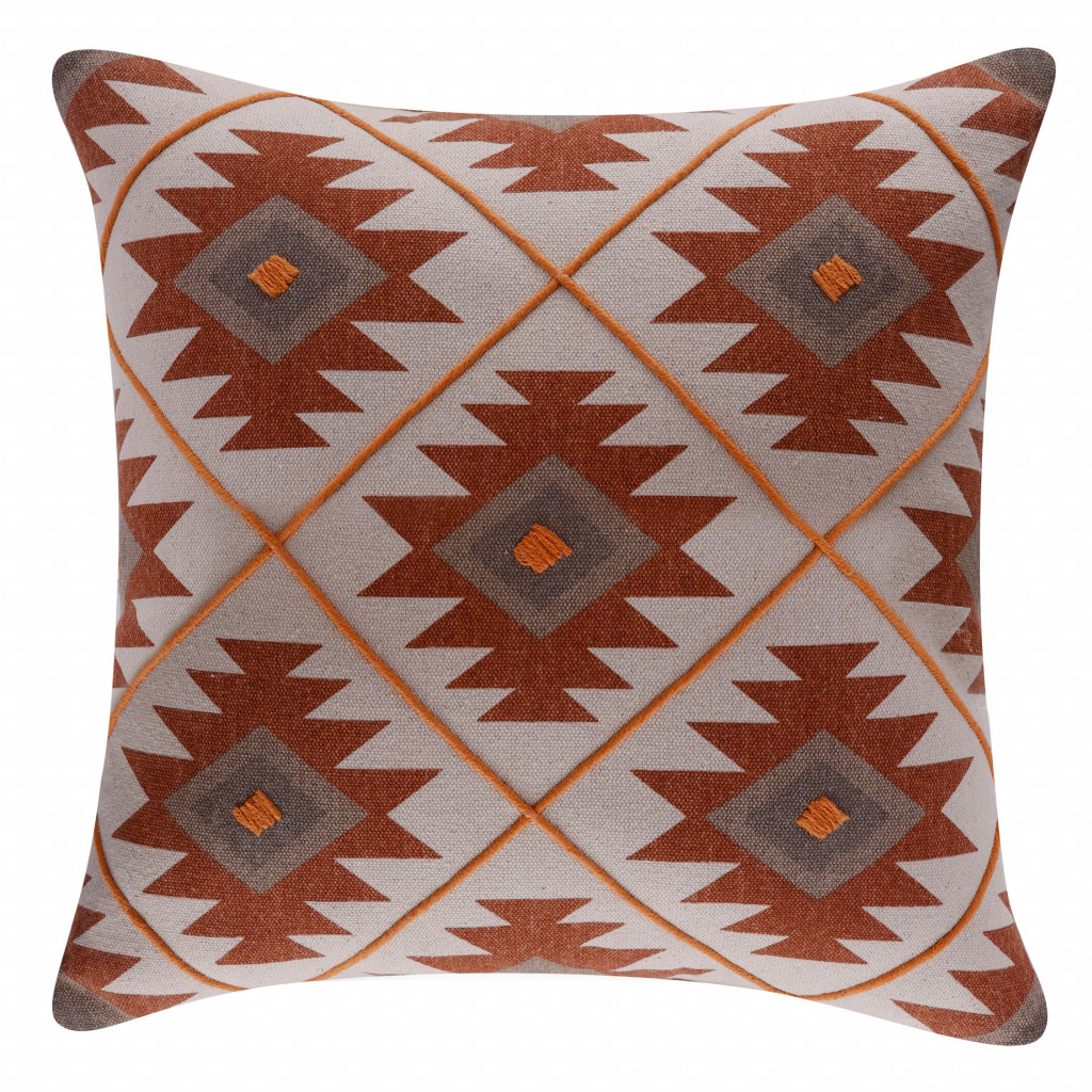 20" X 20" Rust And Off-White 100% Cotton Geometric Zippered Pillow-517001-1