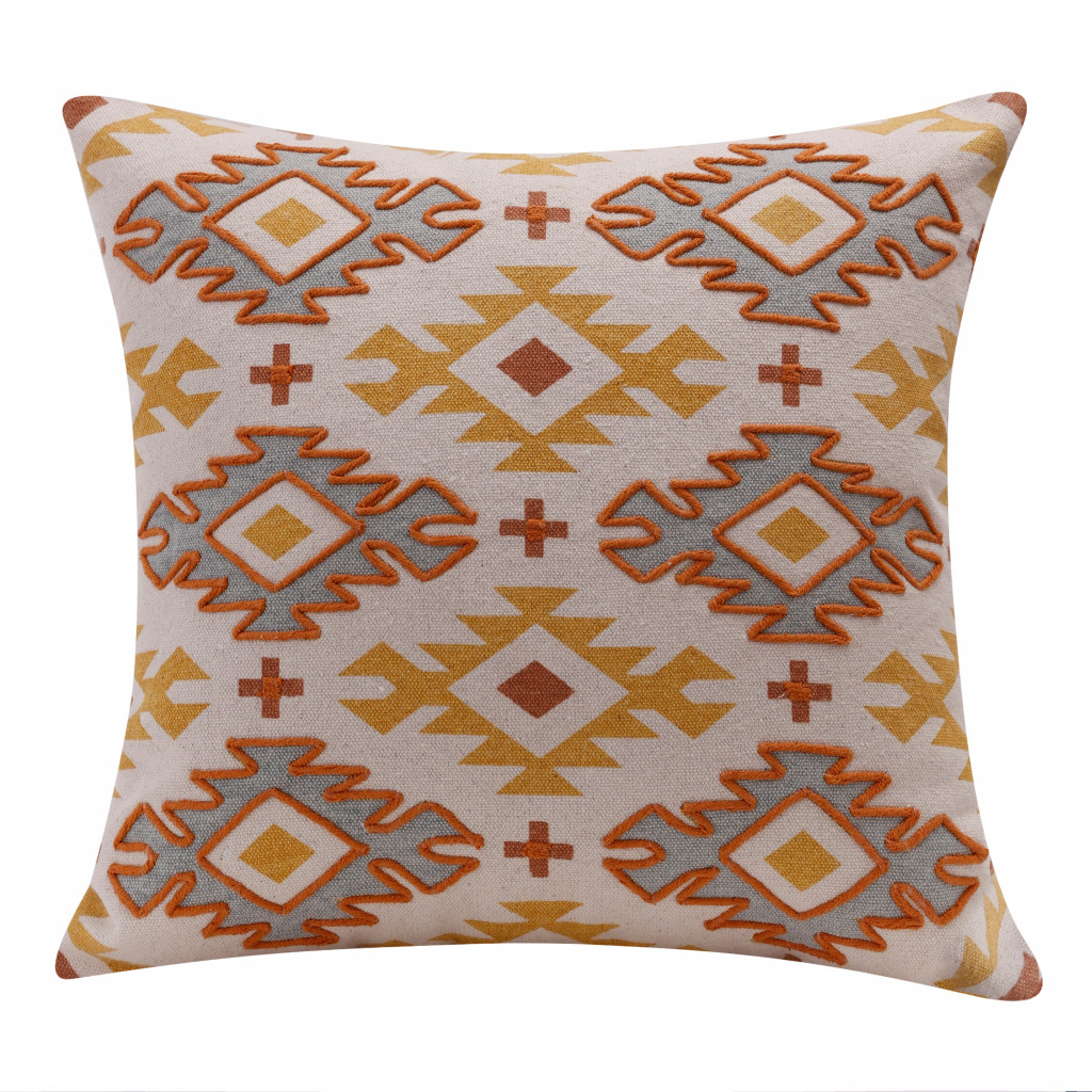 20" X 20" Yellow And Rust 100% Cotton Geometric Zippered Pillow-517003-1