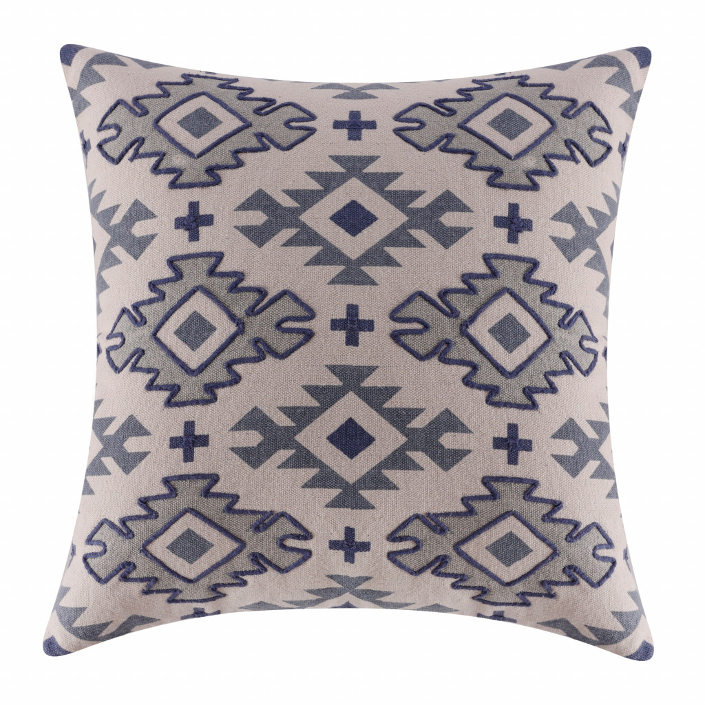 20" X 20" Blue And Gray 100% Cotton Geometric Zippered Pillow-517004-1