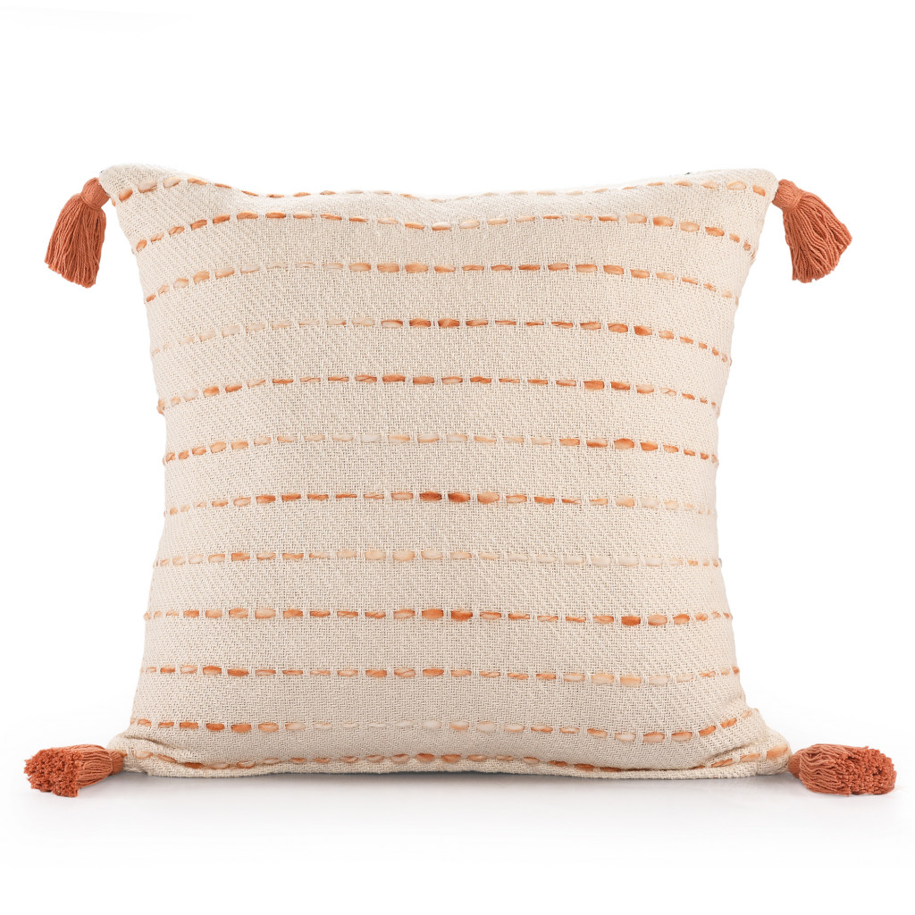 20" X 20" Coral And Ivory 100% Cotton Striped Zippered Pillow-517010-1