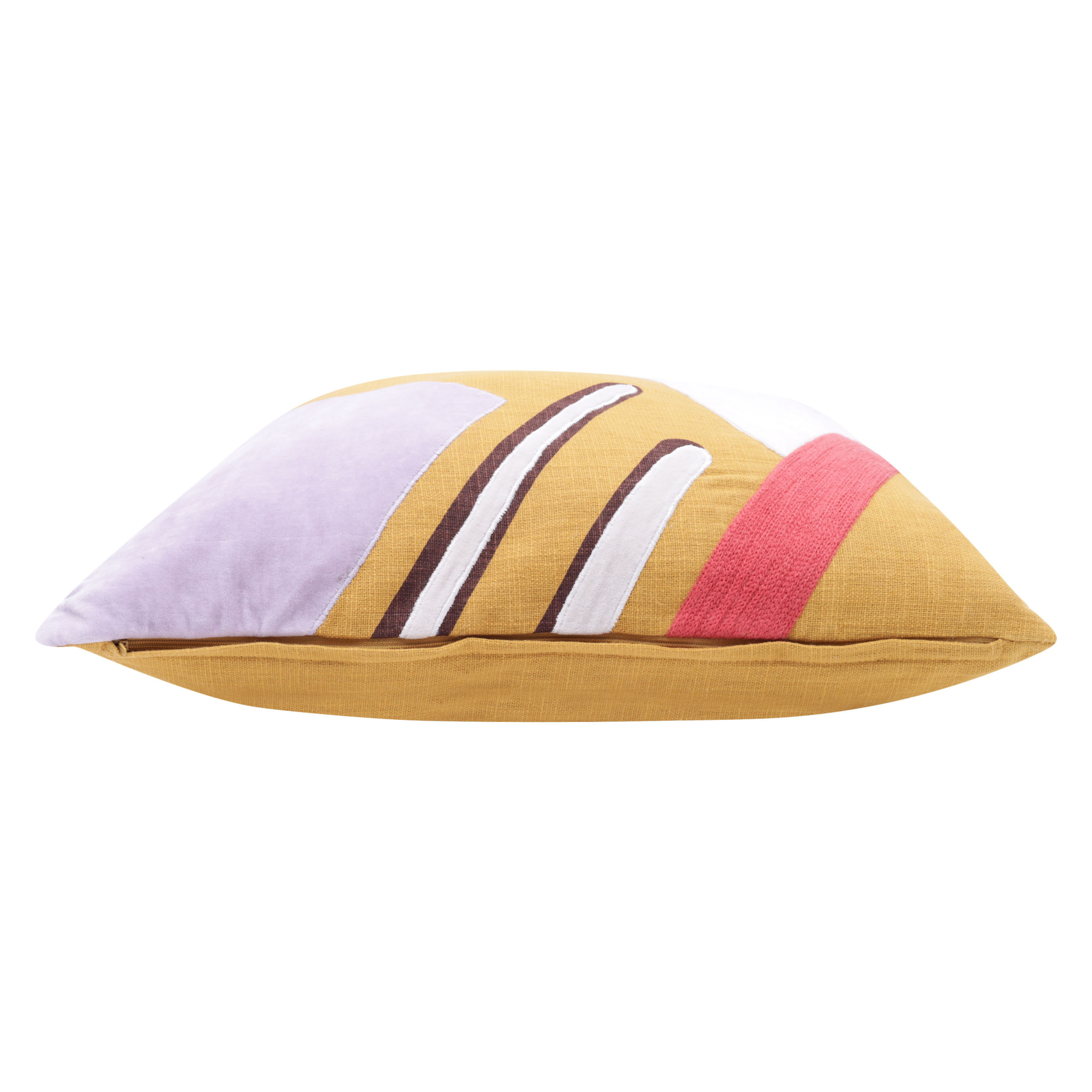 20" X 20" Yellow Purple Off-White And Coral 100% Cotton Abstract Zippered Pillow