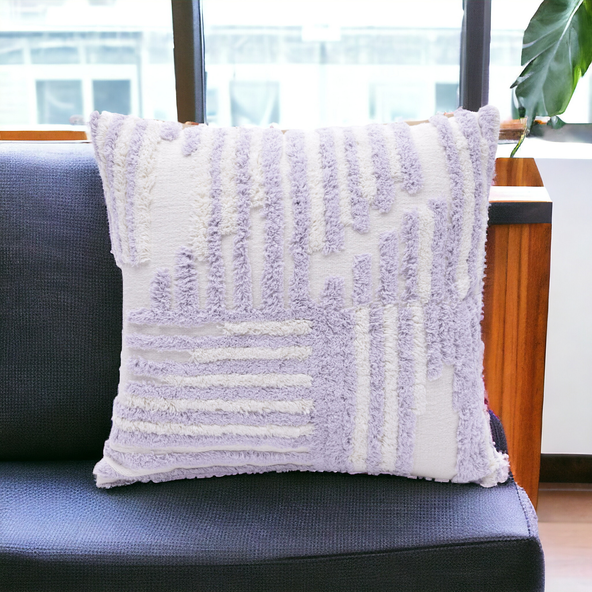 22" Purple and White Geometric Cotton Throw Pillow With Texture