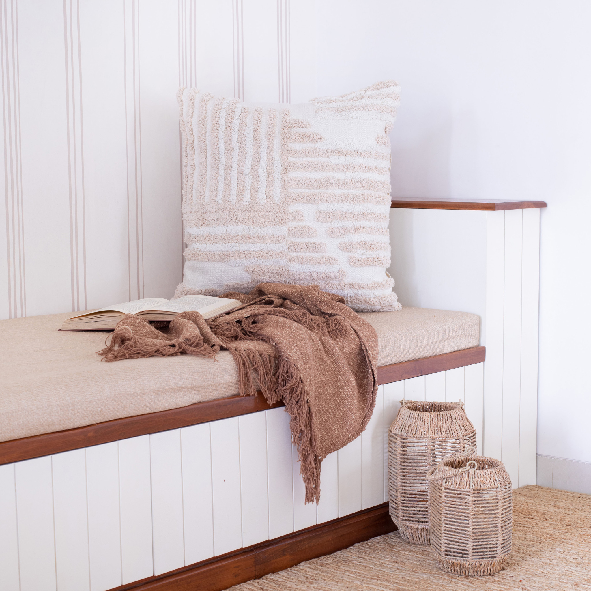 22" Beige and White Geometric Cotton Throw Pillow With Texture