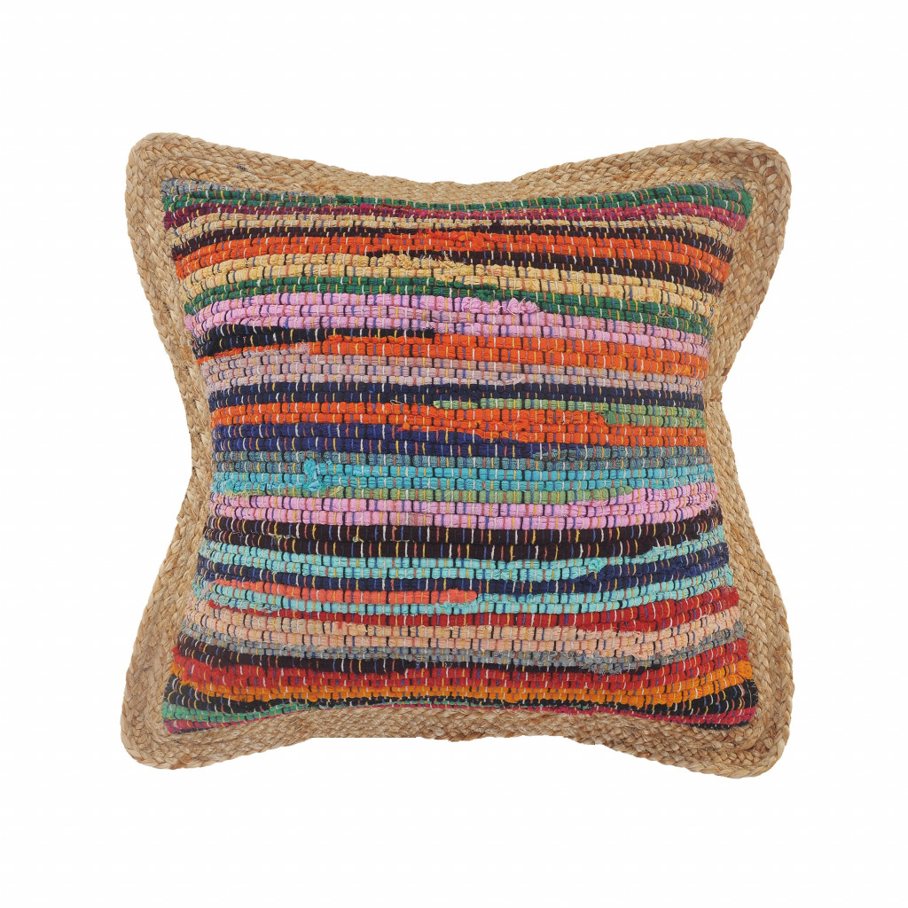 20" X 20" Tan Red Blue Yellow And Orange 100% Cotton Geometric Zippered Pillow