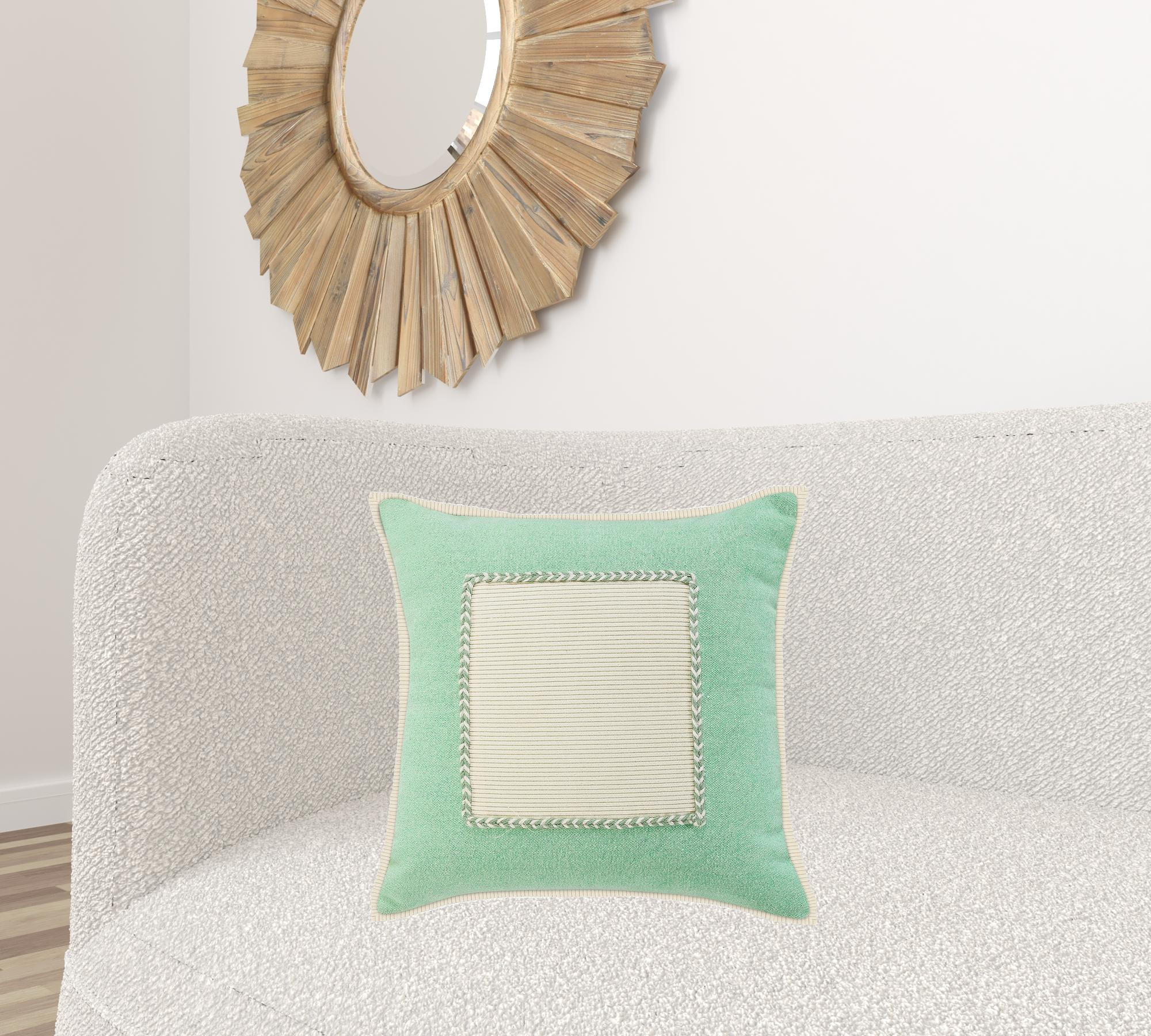 20" X 20" Pastel Green And Cream 100% Cotton Zippered Pillow