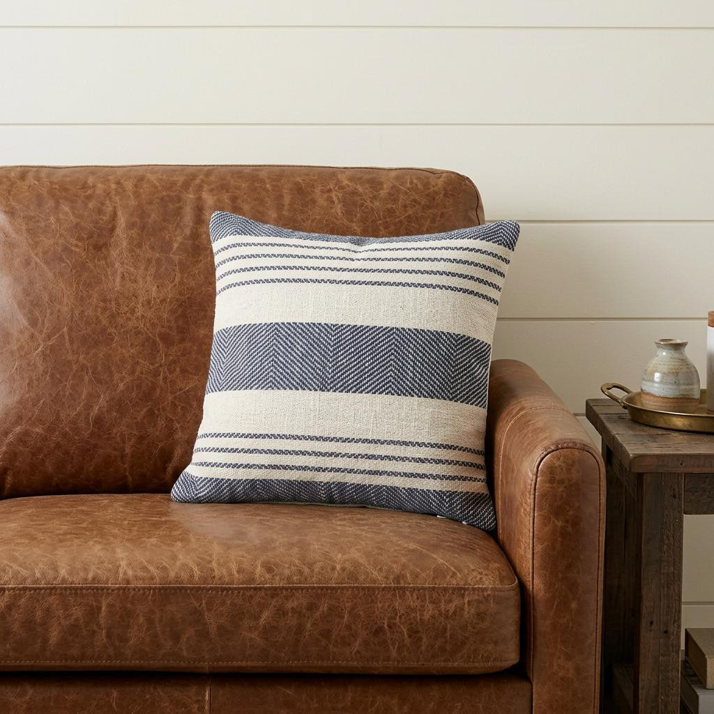 20" Ivory and Blue Coastal Cotton Throw Pillow With Texture