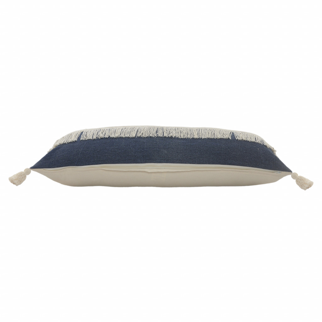 14" X 36" Denim Blue And Off-White 100% Cotton Zippered Pillow
