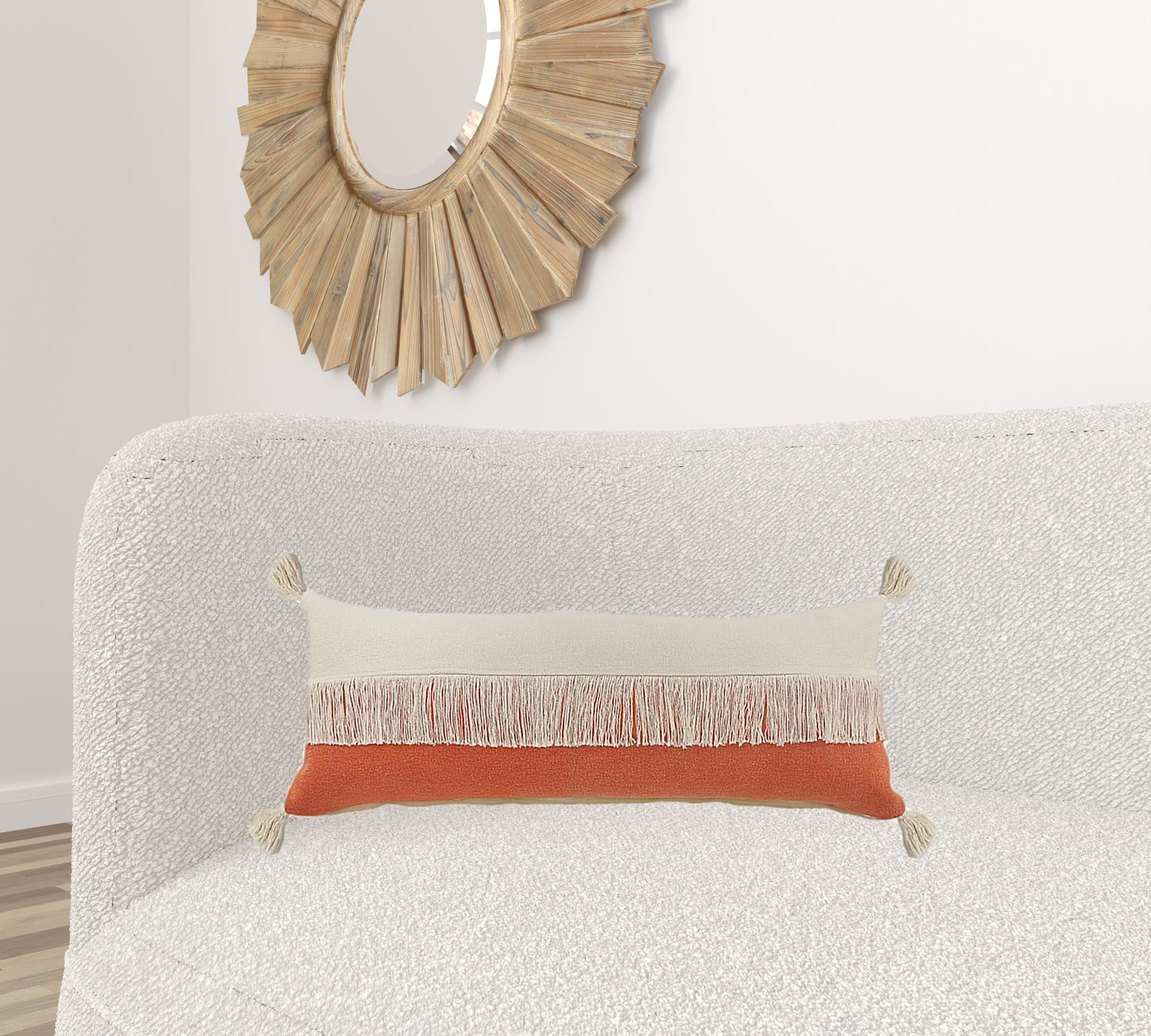 14" X 36" Orange And Off-White 100% Cotton Zippered Pillow