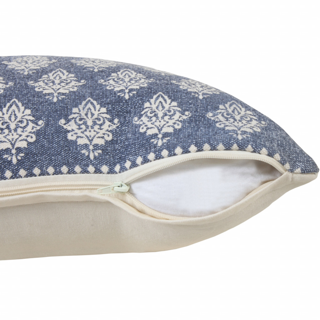 14" X 36" Vintage Indigo Blue And White 100% Cotton Geometric Zippered Pillow-517308-1