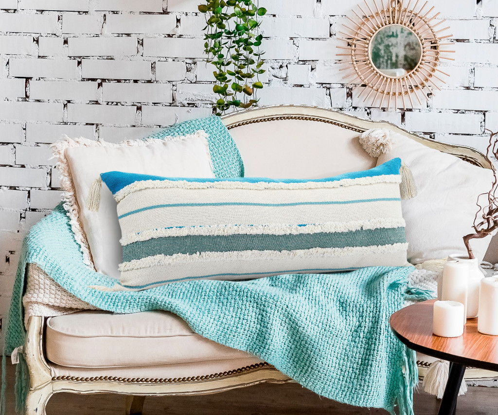 14" X 36" Blue And Off-White 100% Cotton Striped Zippered Pillow