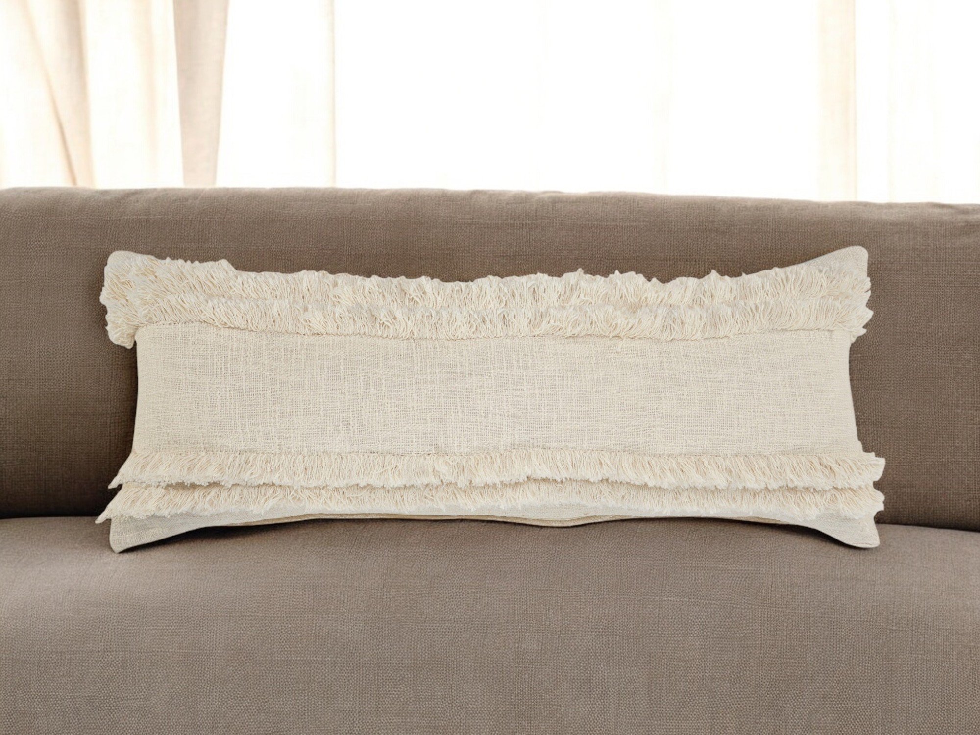 14" X 36" Cream Cotton Throw Pillow with Fringe-517381-1