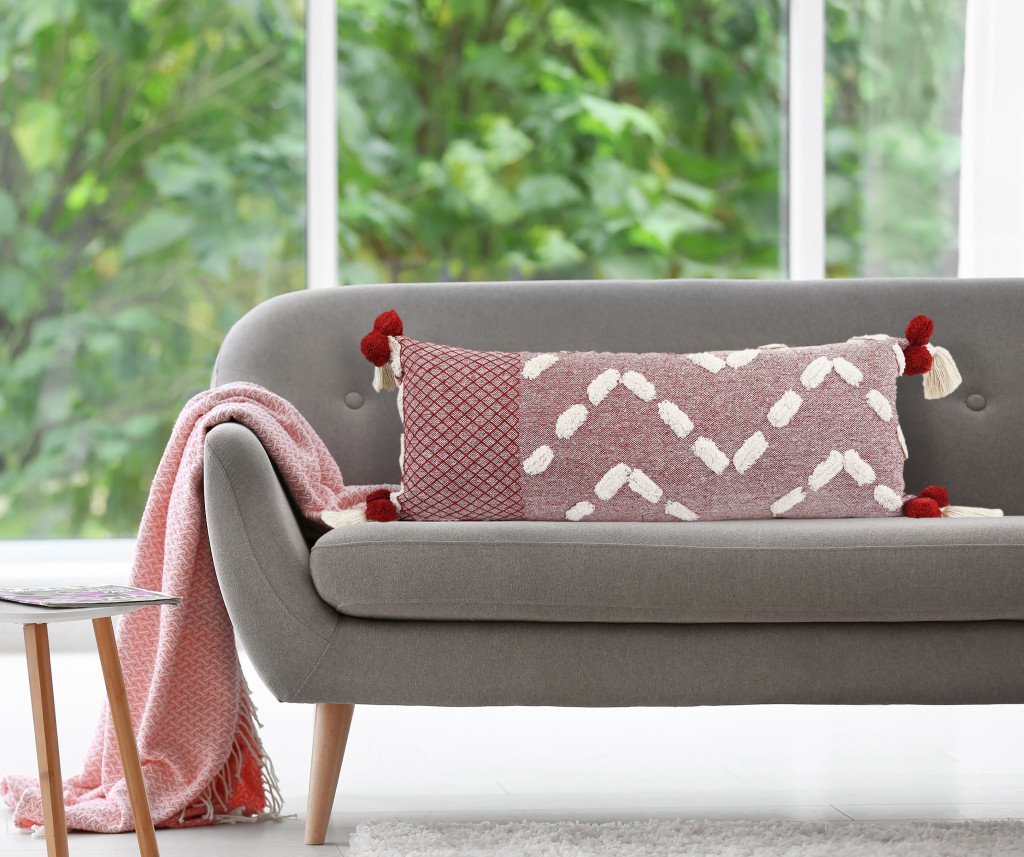 14" X 36" Heute Red And Cream 100% Cotton Geometric Zippered Pillow