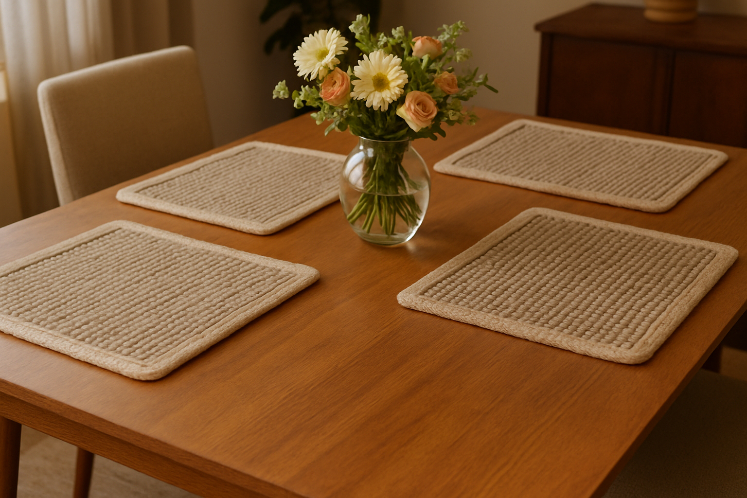15" Set of Four Natural Cotton And Jute Square Placemats-517415-1