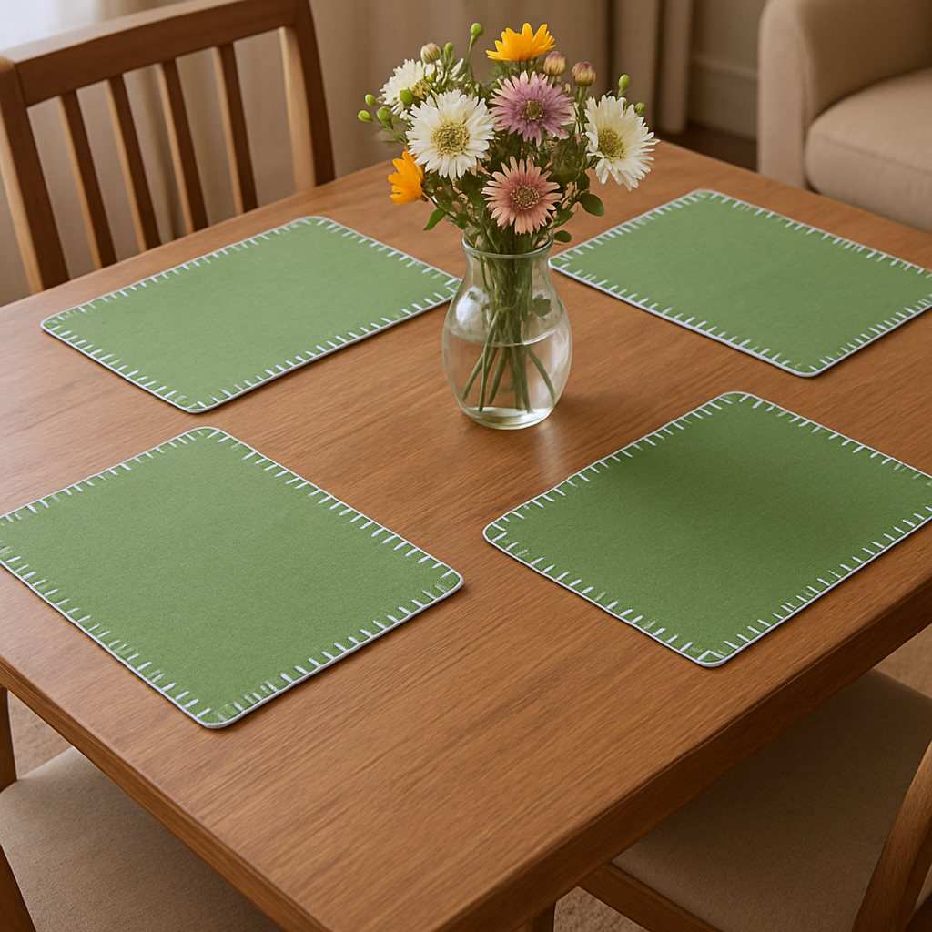 15" Set of Four Natural And Olive Green Cotton Square Placemats-517418-1