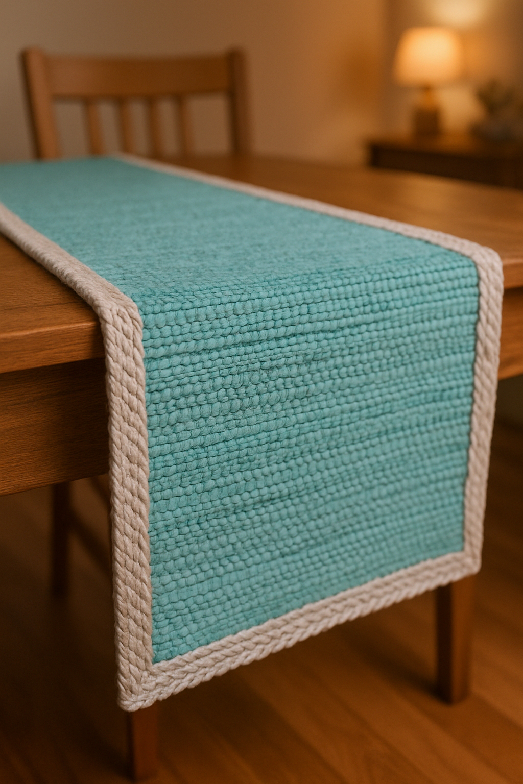 80" Natural And Turquoise Cotton And Jute Table Runner-517420-1