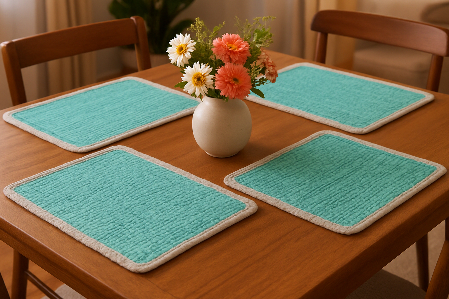 13" X 19" 19" Set of Four Cream And Turquoise Geometric Cotton And Jute Placemats-517431-1