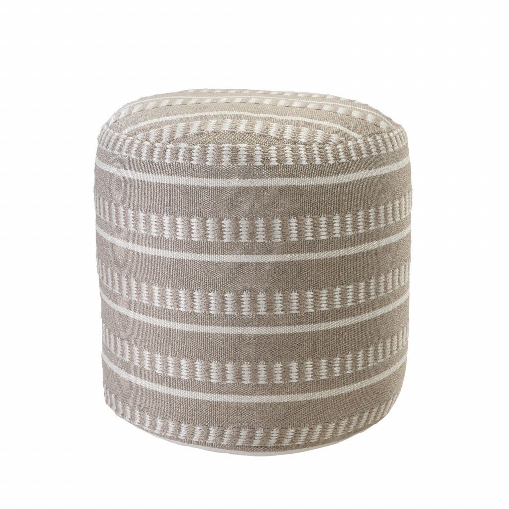 20" Brown Polyester Round Striped Indoor Outdoor Pouf Ottoman-517433-1